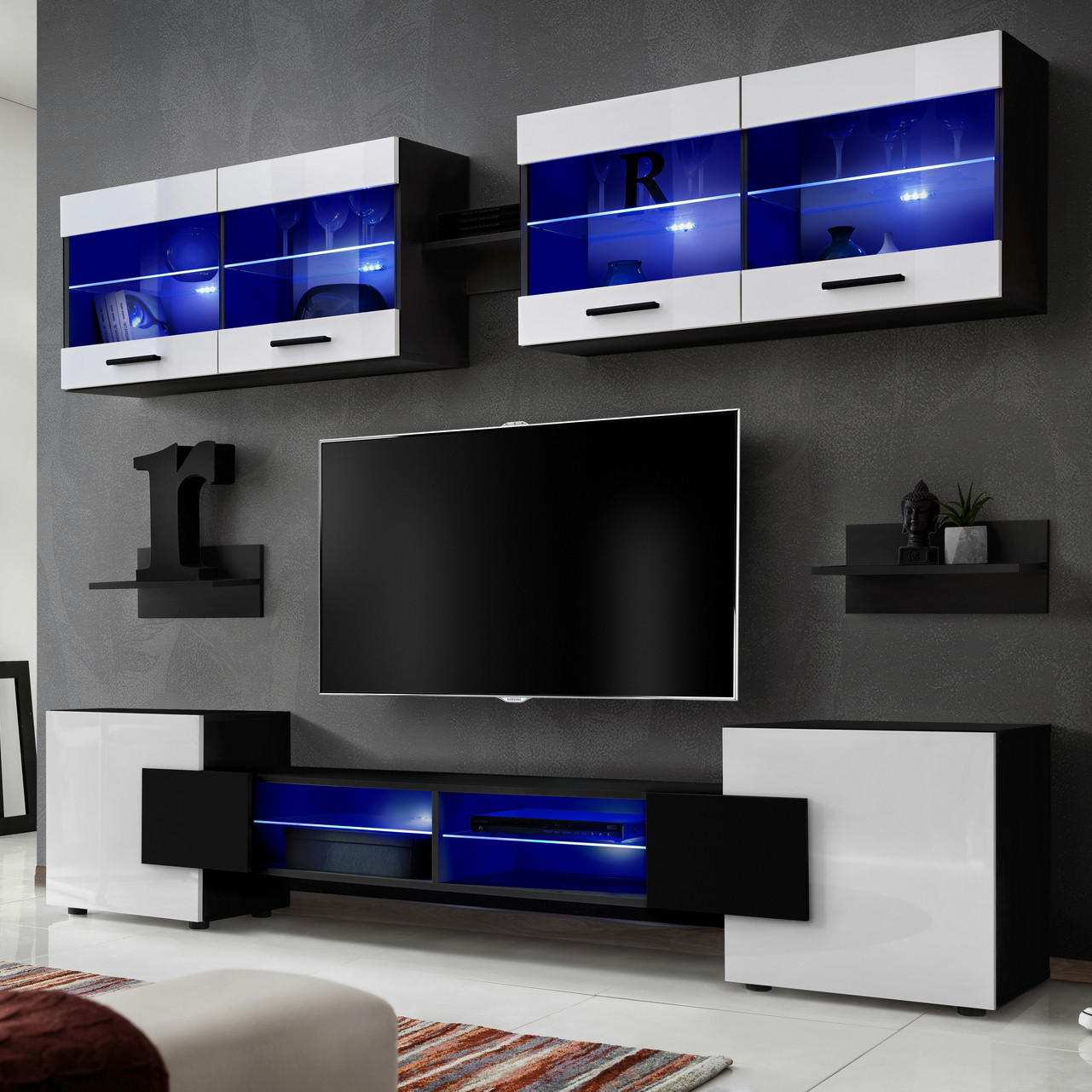WOHNZIMMERSET Foggia, 6er-Set, Schwarz, Front Hochglanz Weiß, LED Blau - Schwarz/Weiß, Glas/Holzwerkstoff (230/190/45cm) - Komodee