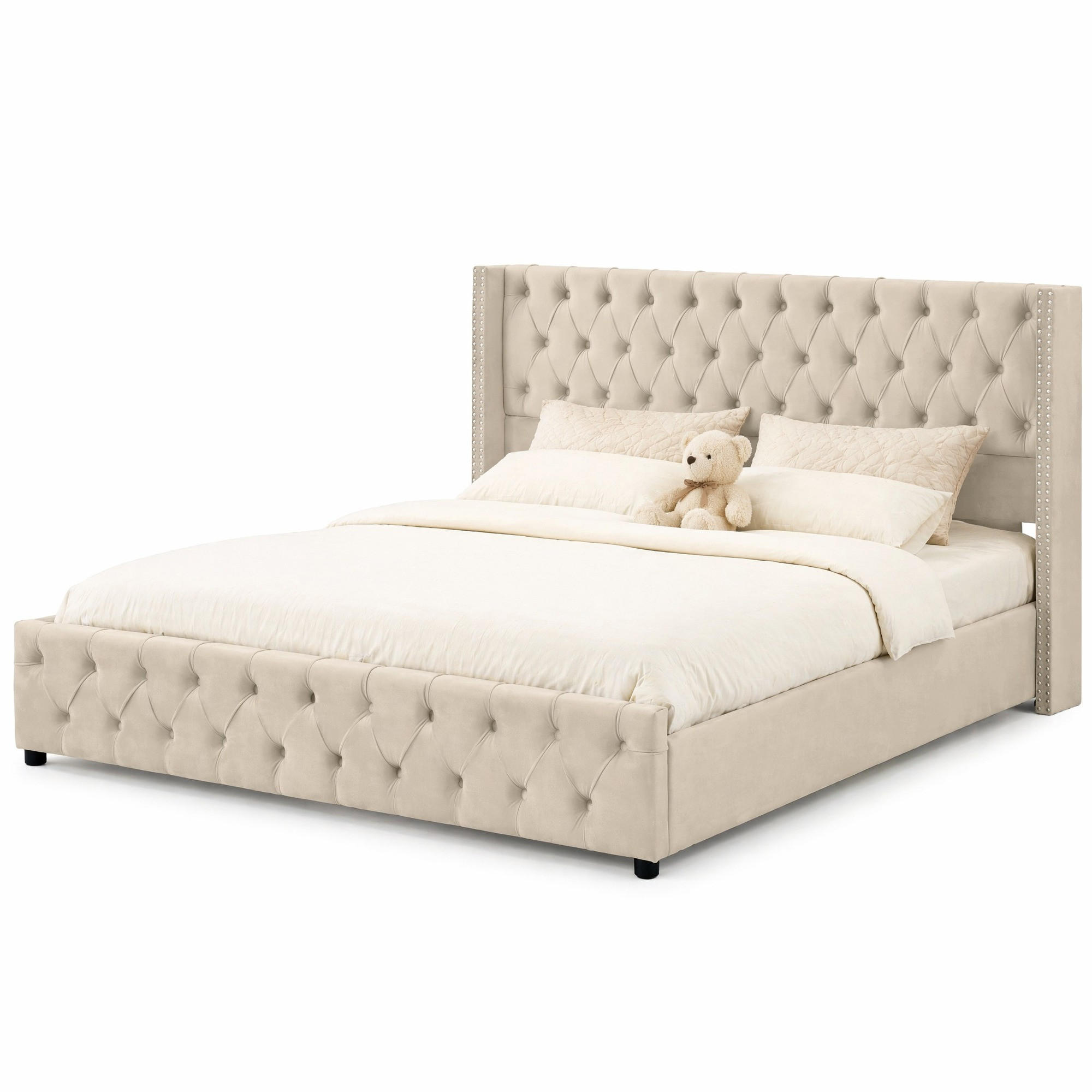 POLSTERBETT 160/200 cm in Beige Samt mit Bettkasten und Chesterfield-Design - Beige, Holzwerkstoff/Textil (160/200cm) - CHICFURN