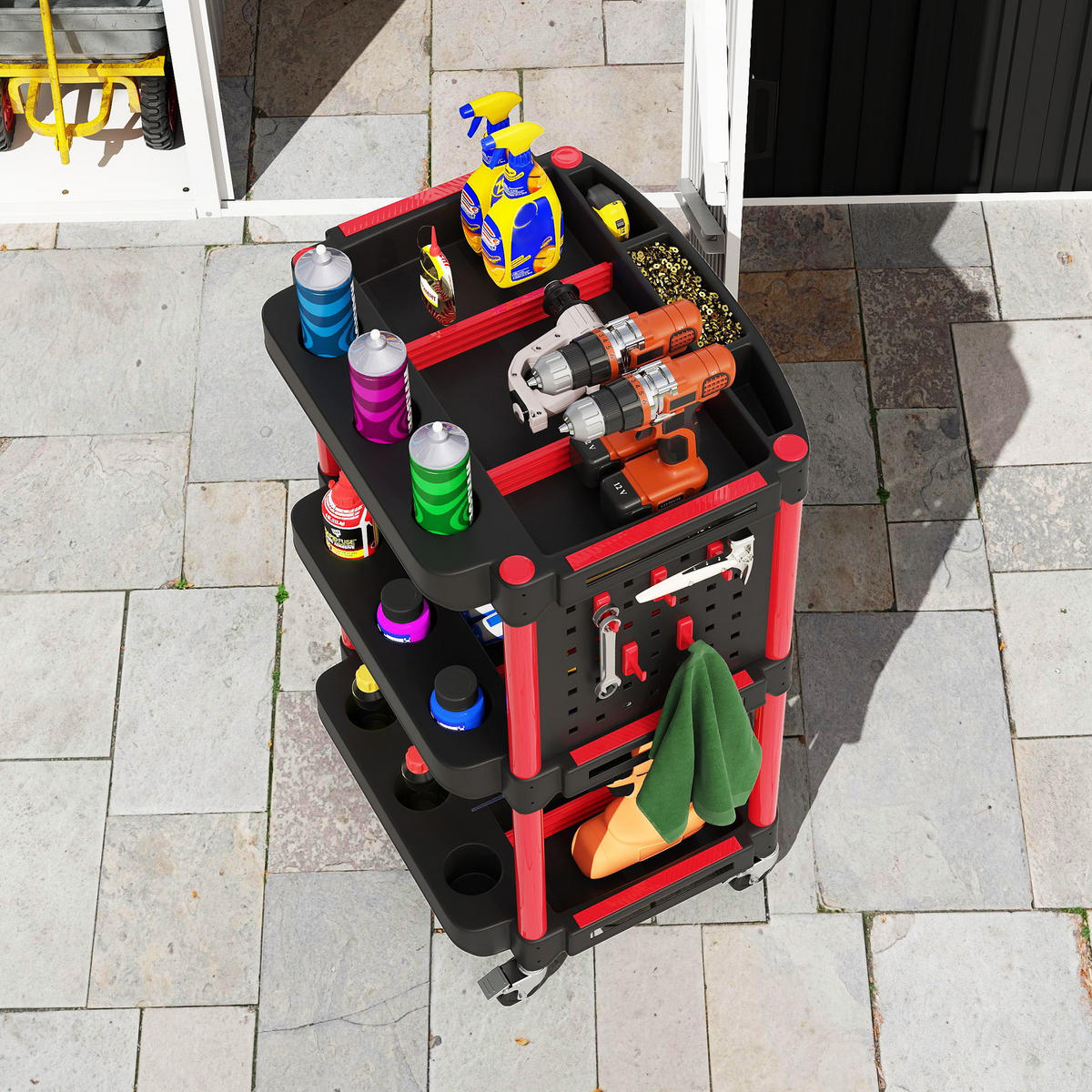 WERKZEUGWAGEN DE-09498 3 Regale mit 10 Haken Rot - Rot, Kunststoff (47.5/89/56.5cm) - ComfortXL