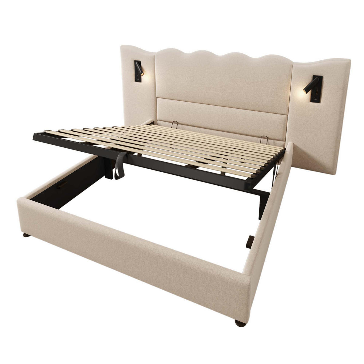 POLSTERBETT 180/200 cm Beige mit Leselampe und USB-C-Ladefunktion - Beige, Textil (180/200cm) - OKWISH