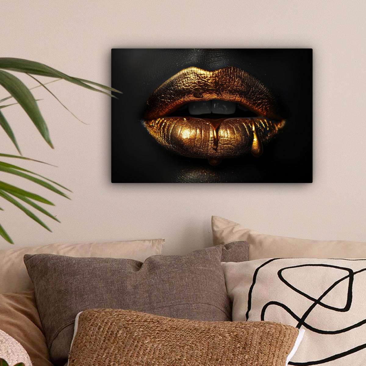 LEINWANDBILD Frau - Porträt - Lippen - Gold - Schwarz 30x20 cm - Schwarz, Textil (30/20cm) - MuchoWow