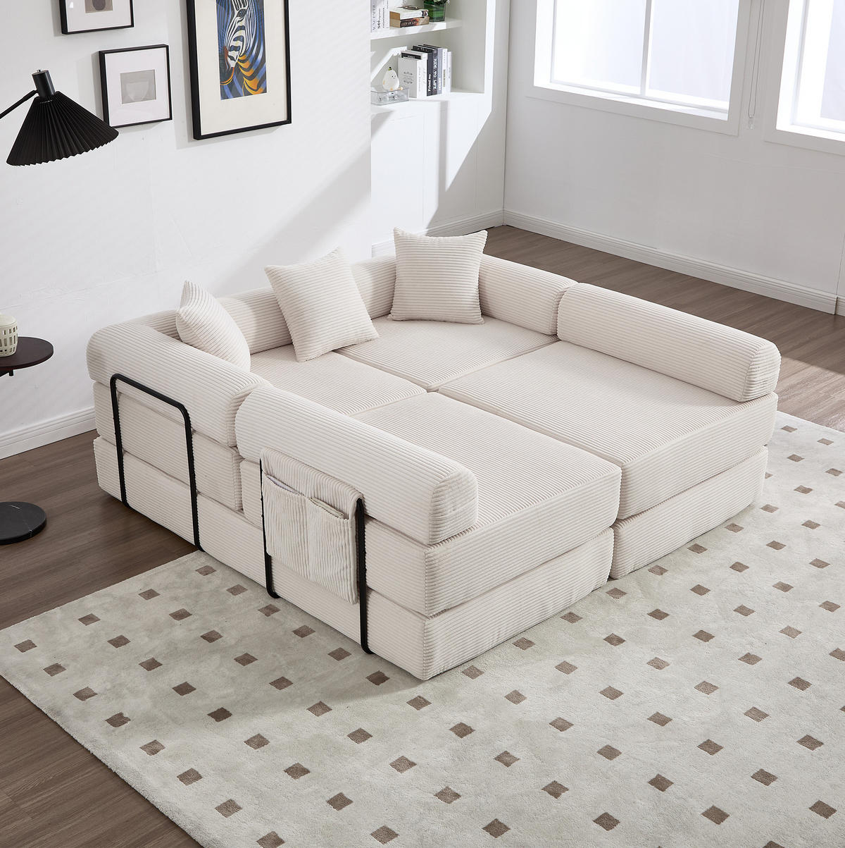 MODULARES Schlafsofa 270/180/64 cm aus Cord mit Seitentasche Beige - Beige, Textil (180/64/270cm) - Modenvie