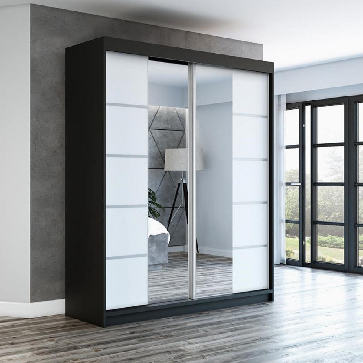 SCHWEBETÜRENSCHRANK 180 cm KOMFORT Farbe:Schwarz,weiß - Schwarz/Weiß, Holzwerkstoff (180/215/59.5cm) - A&J MöbelLand