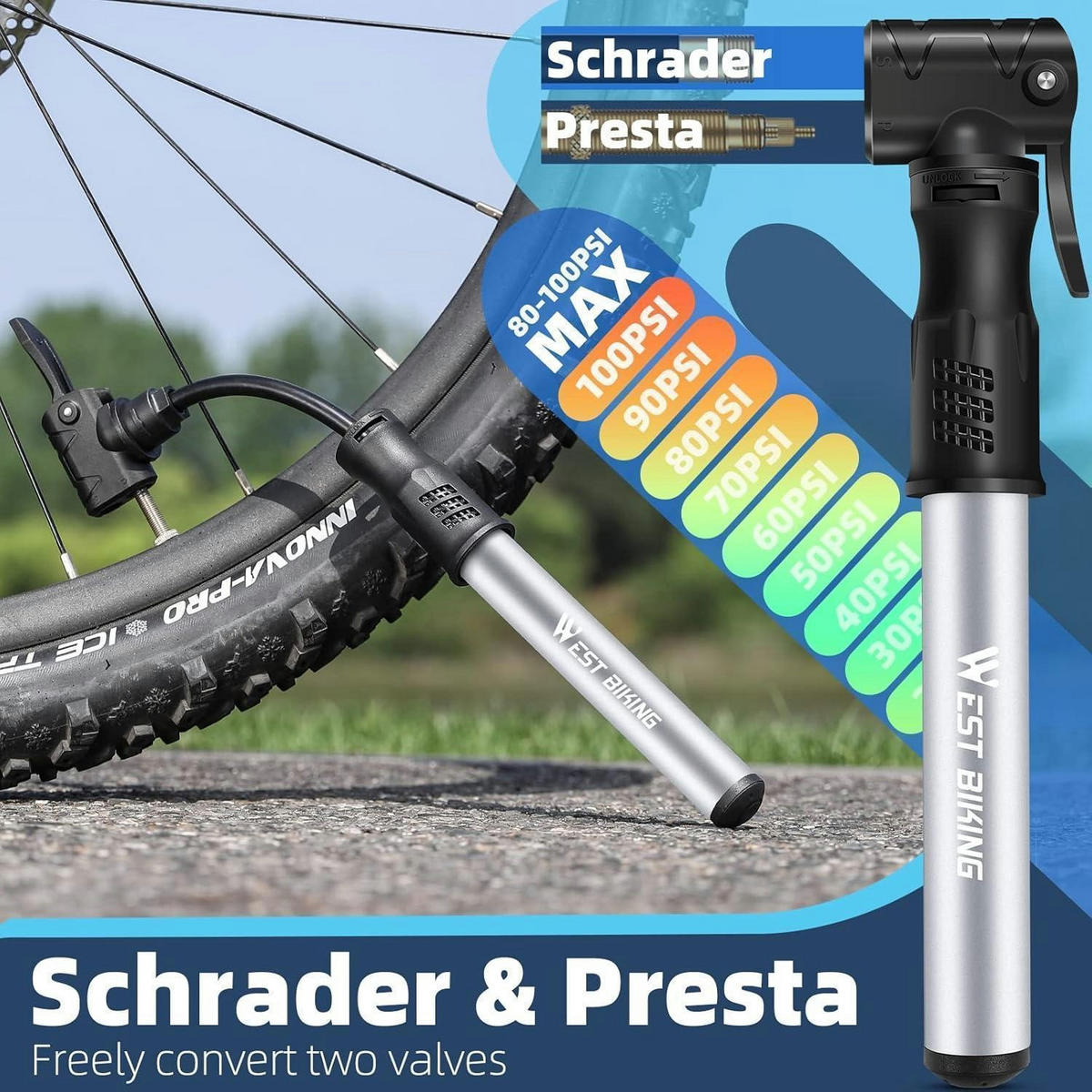 FAHRRADPUMPE Mini Aluminium für alle Ventile, tragbar, 100 PSI - Multicolor, Metall (4.3/1/22.5cm)