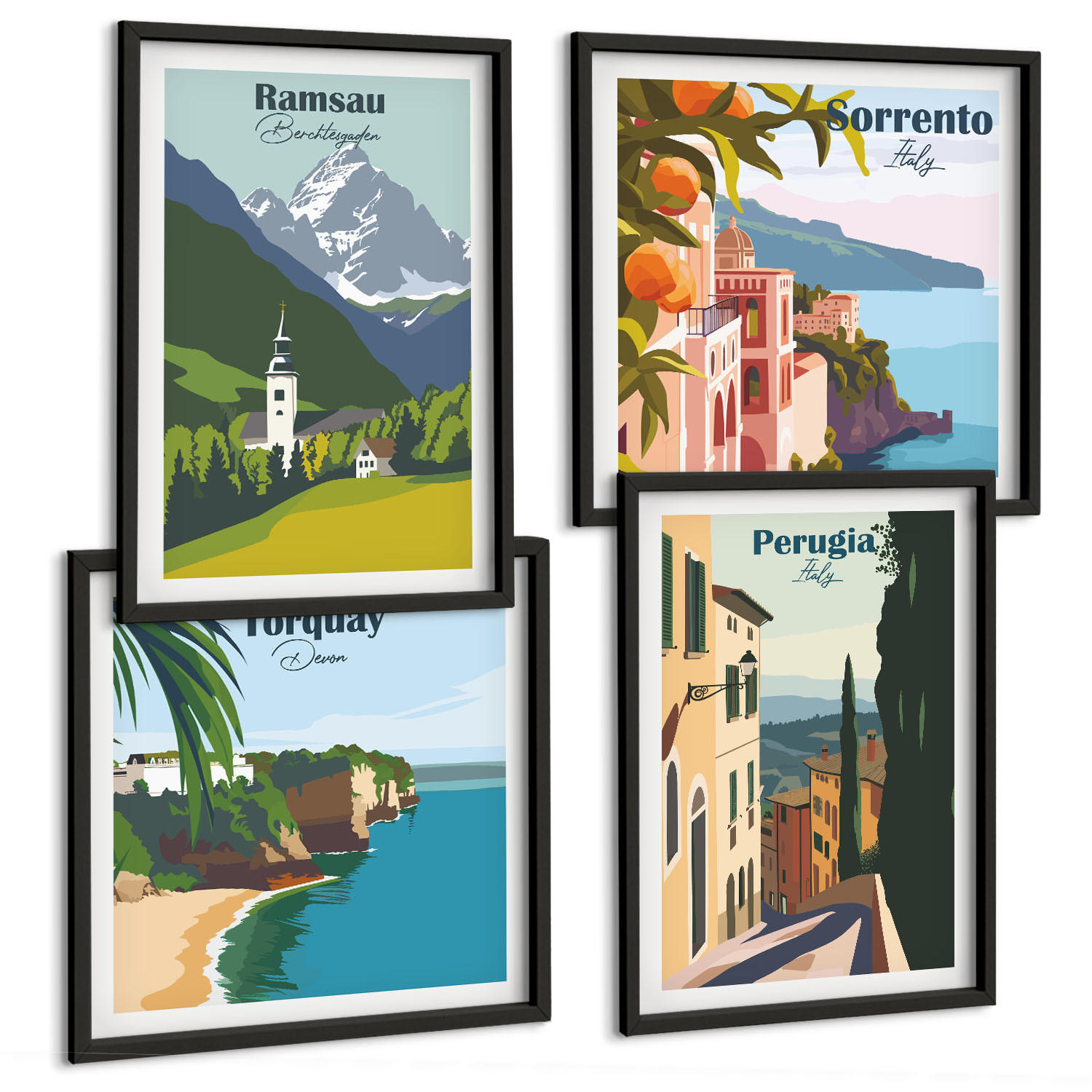 BILDER SET 4er Set - 50x50 cm & 40x60 cm Schwarzer Rahmen - Berglandschaften und Städte - Schwarz, Kunststoff (50/50cm) - TULUP