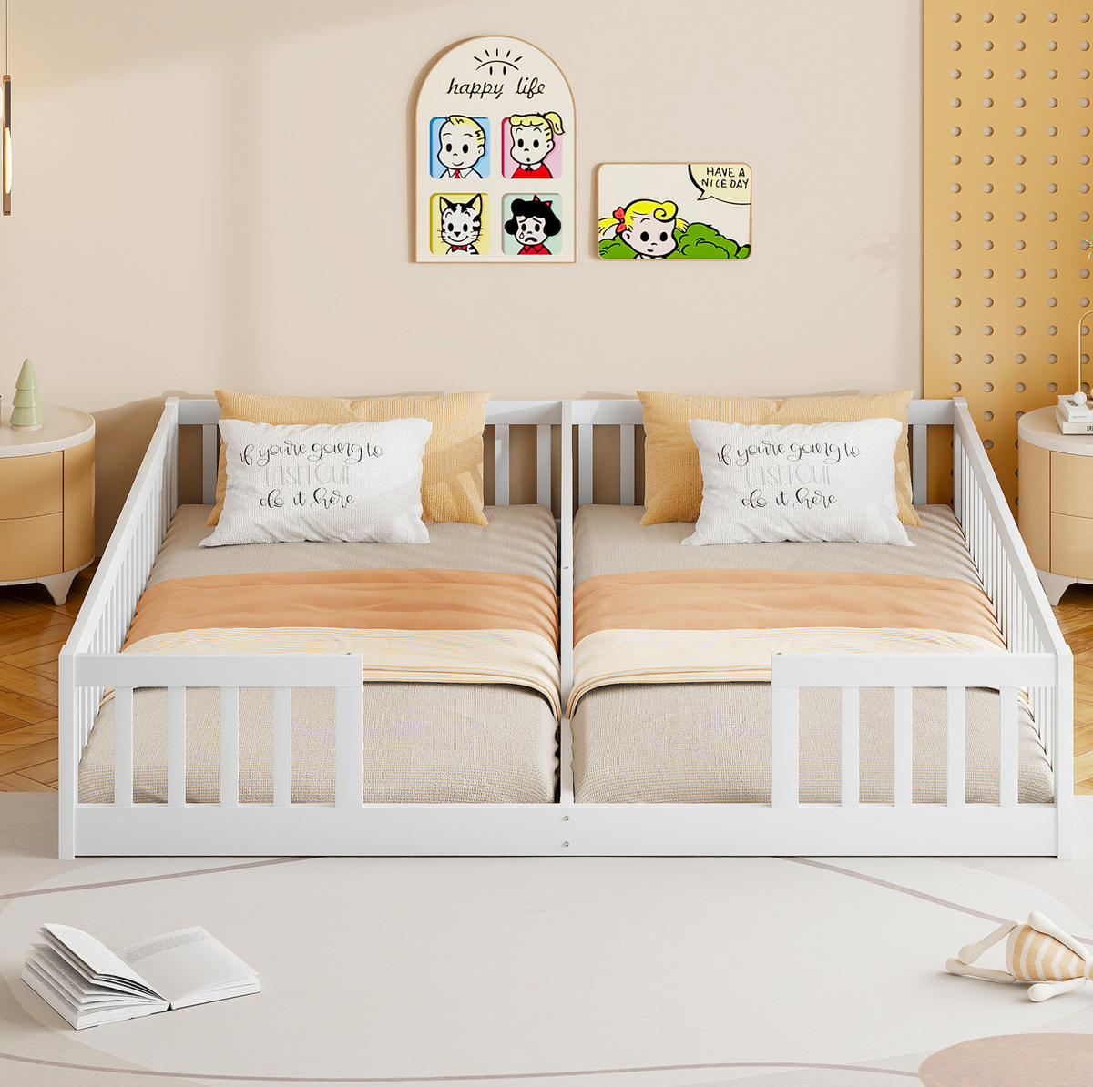 KINDERBETT aus Kiefernholz und MDF 90x200 cm Weiß mit Lattenrost und Sicherheitsgitter für 2 Kinder - Weiß, Holz (90/200cm) - Modfu