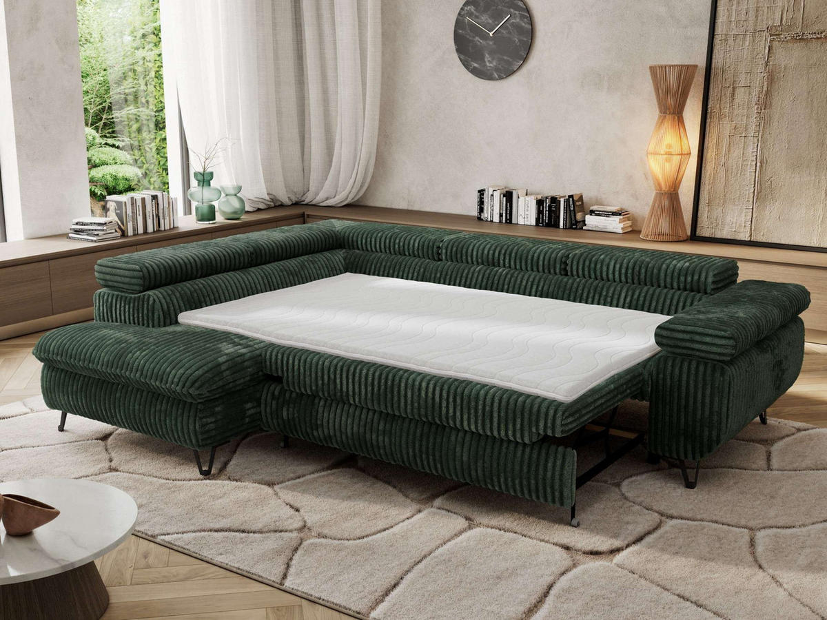 ECKSOFA PABLO L Grün Cord - Links Seite mit Visco Topper - Schwarz/Grün, Textil/Metall (208/273cm) - MKS