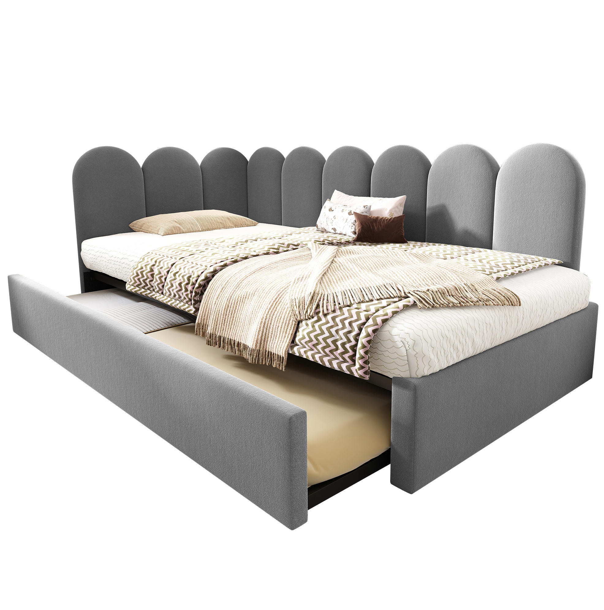 POLSTERBETT 90/200 cm mit Ausziehbett 90/190 cm, Samtbezug, Gitter-Design und Lattenrost, Grau - Grau, Textil (90/200cm) - Redom