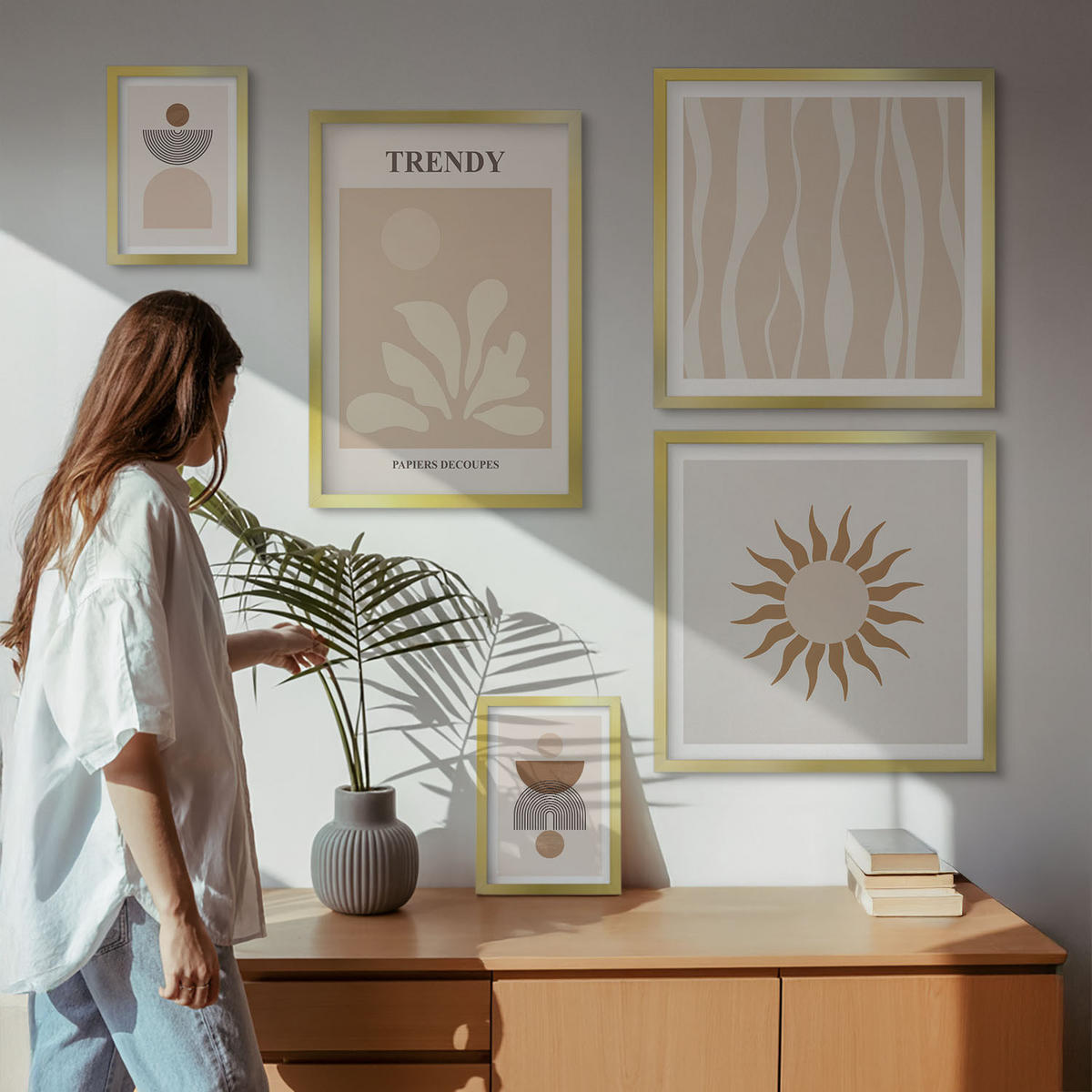 WANDBILDER 5er Set - 50x50 cm & 20x30 cm & 40x60 cm Goldrahmen - Stilvolle abstrakte Beigetöne - Goldfarben, Kunststoff (40/60cm) - ArtPrintCave
