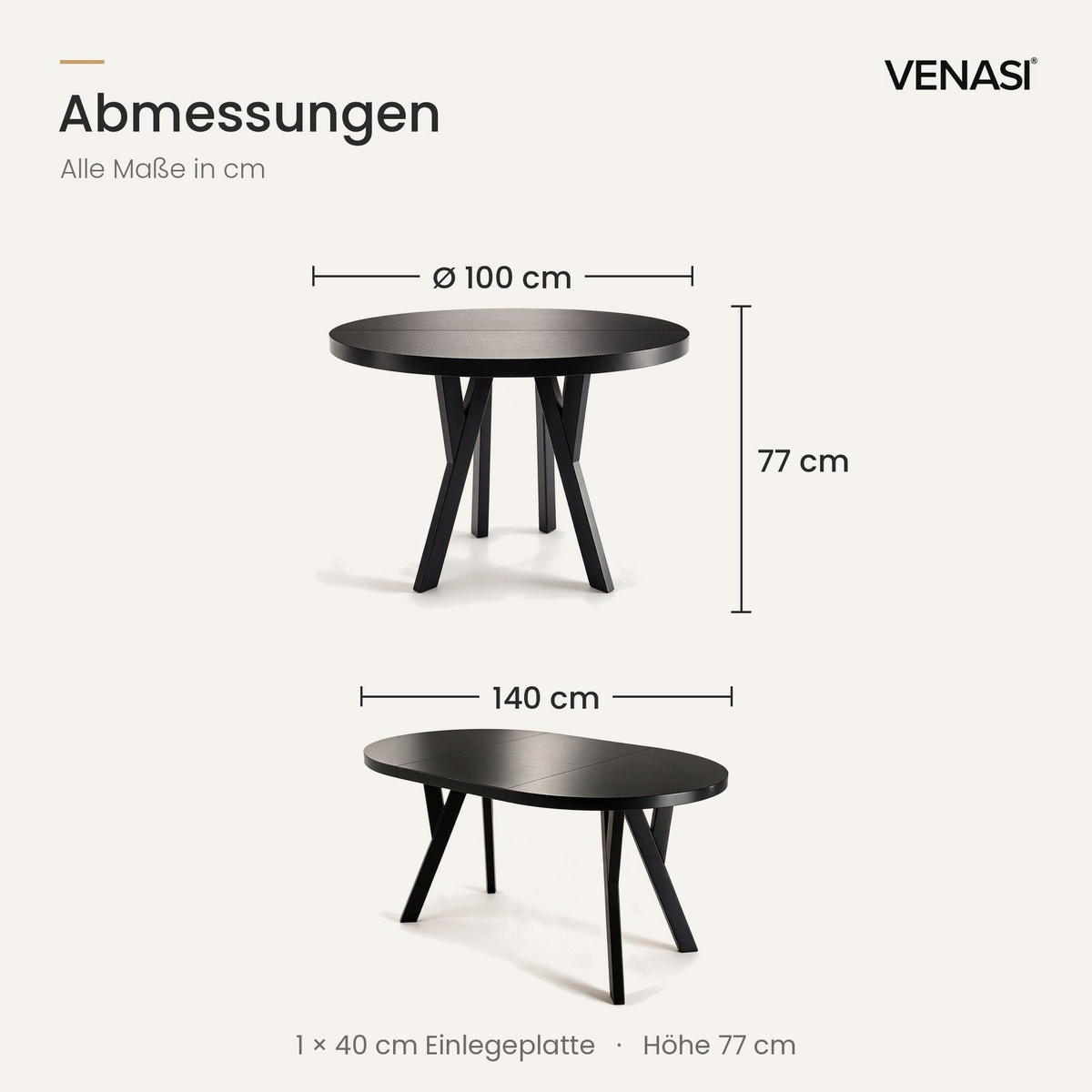 ESSTISCH ausziehbar rund 100-140 cm ATO Schwarz, Auszugstisch mit Einlegeplatte - Schwarz, Holzwerkstoff (100/100/77cm) - VENASI MÖBEL