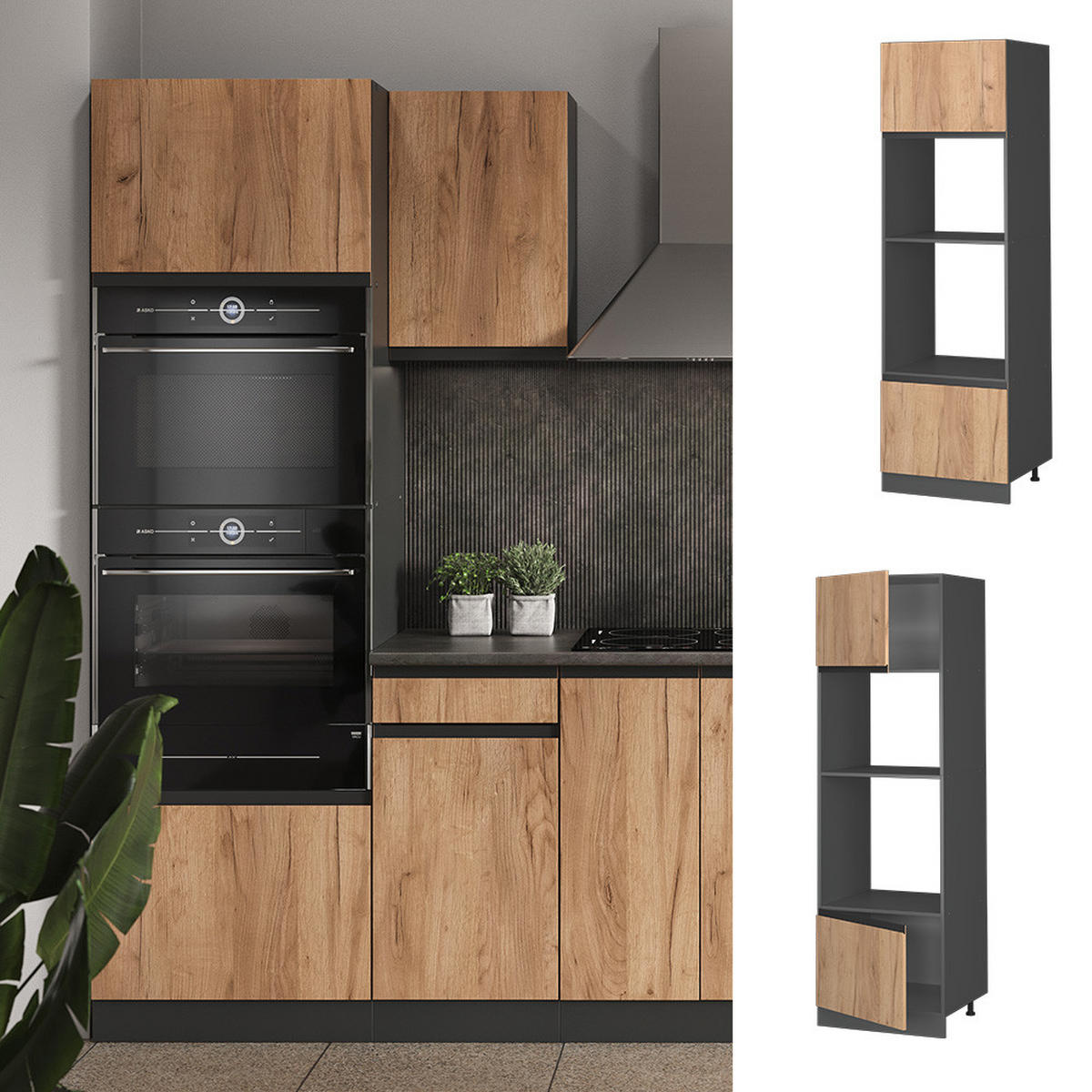 MIKROWELLENSCHRANK R-Line Goldkraft Eiche 60 cm J-Shape - Anthrazit/Eiche Wotan, Holzwerkstoff (60/206.8/57.2cm) - Vicco