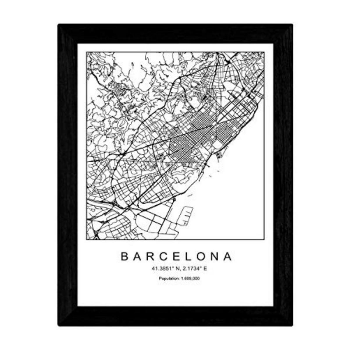 POSTER Barcelona Stadtkarte – Nordisch A3 Schwarzer Rahmen - Schwarz, Papier (29.7/5/42cm) - Nacnic