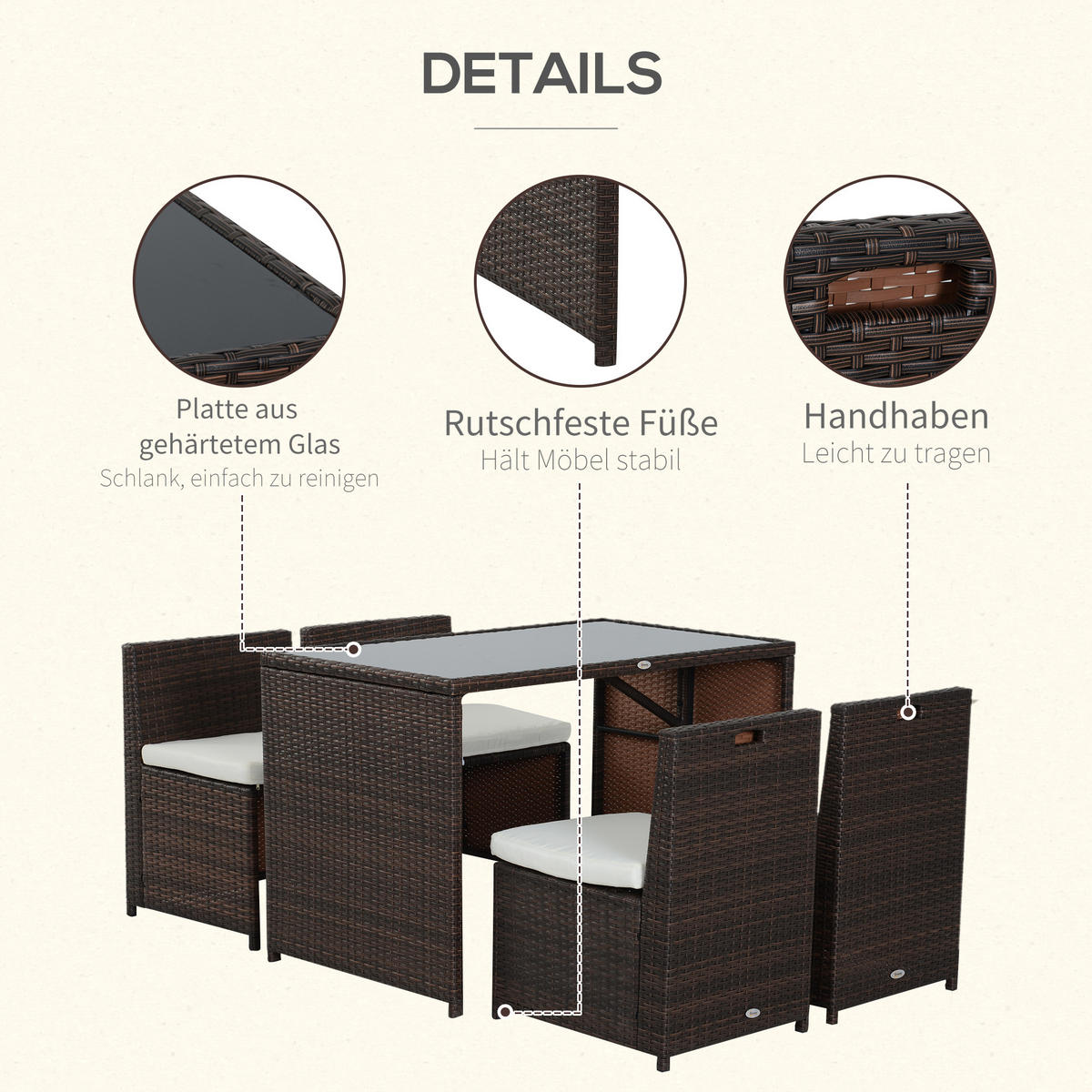 GARTENMÖBEL Set, Stahl, PE Braun+Khaki - Braun, Metall - Outsunny