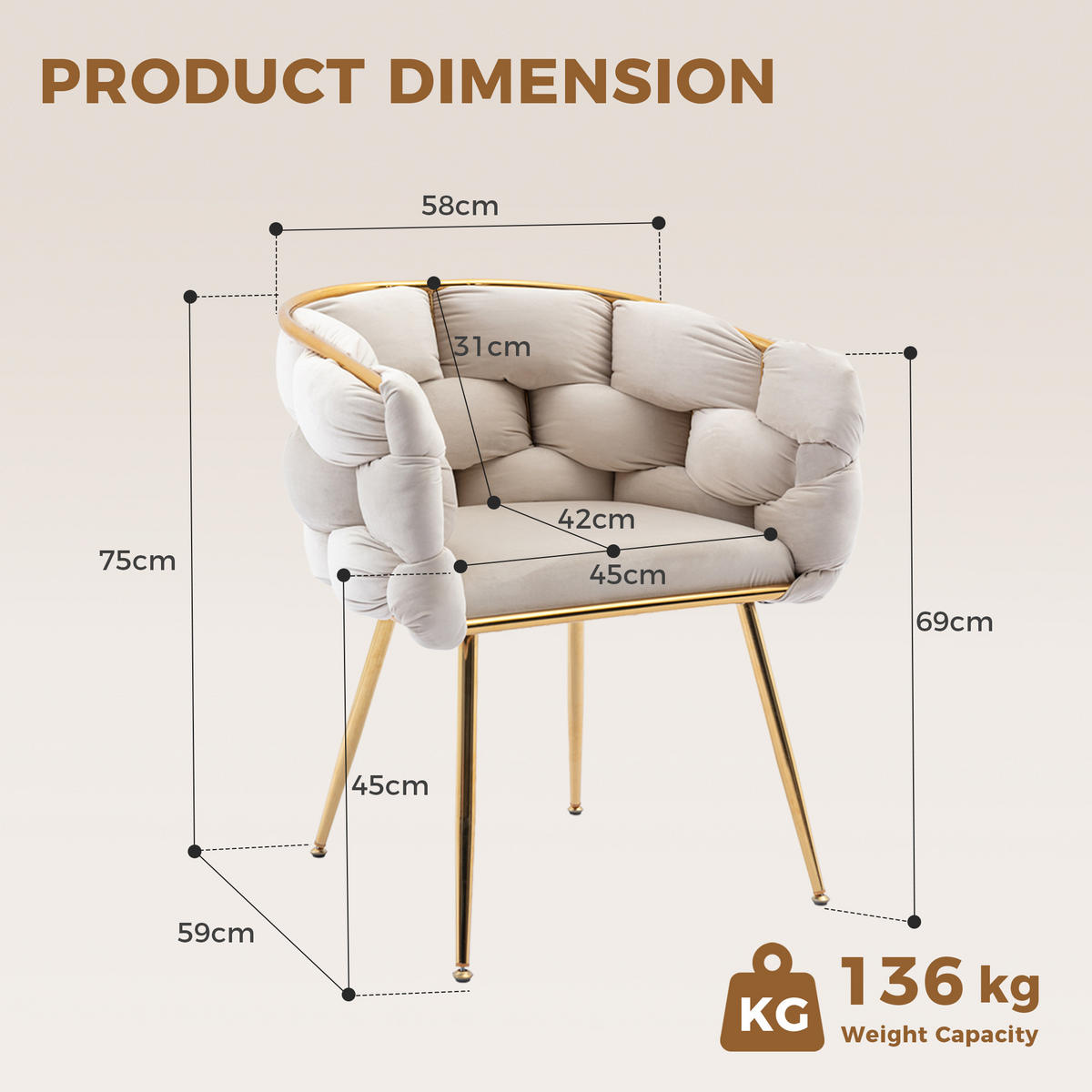 ARMLEHNSTUHL-SET 2 Stück Samt mit Gold-Metallgestell, DE-42349, Beige - Beige, Metall (58/75/59cm) - ComfortXL