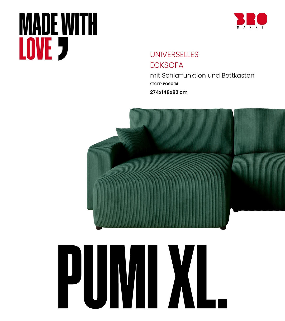 ECKSOFA PUMI XL mit Schlaffunktion Dunkelgrün Cord - Dunkelgrün, Textil (274/148cm) - Bromarkt