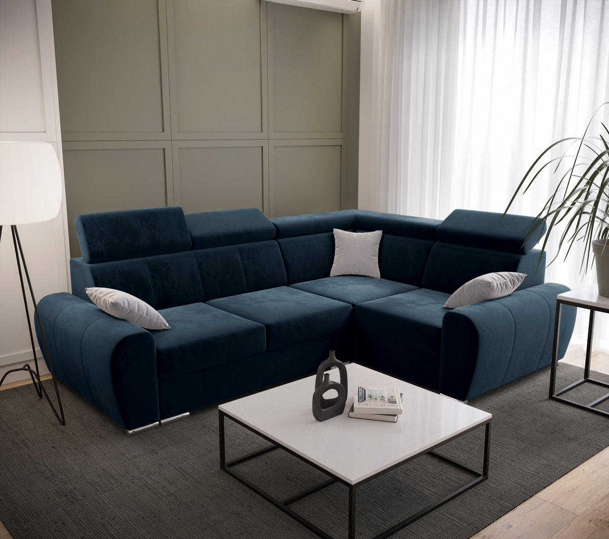 ECKSOFA APOLLO KN08, Eckcouch in L-Form mit Schlaffunktion, Farbe: Blau, Velourstoff, Ottomane Rechts - Blau, Textil (255/190cm) - O-Sofa