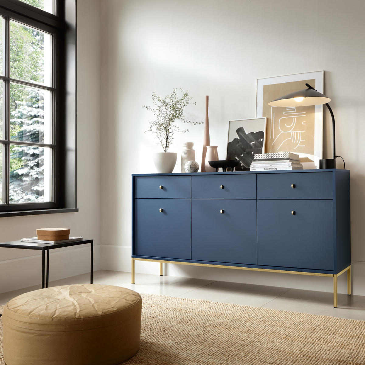 SIDEBOARD MONDO 154/83/39cm mit 3 Schubladen 3 Türen Blau - Blau/Goldfarben, Holzwerkstoff (154/83/39cm) - MASSENO