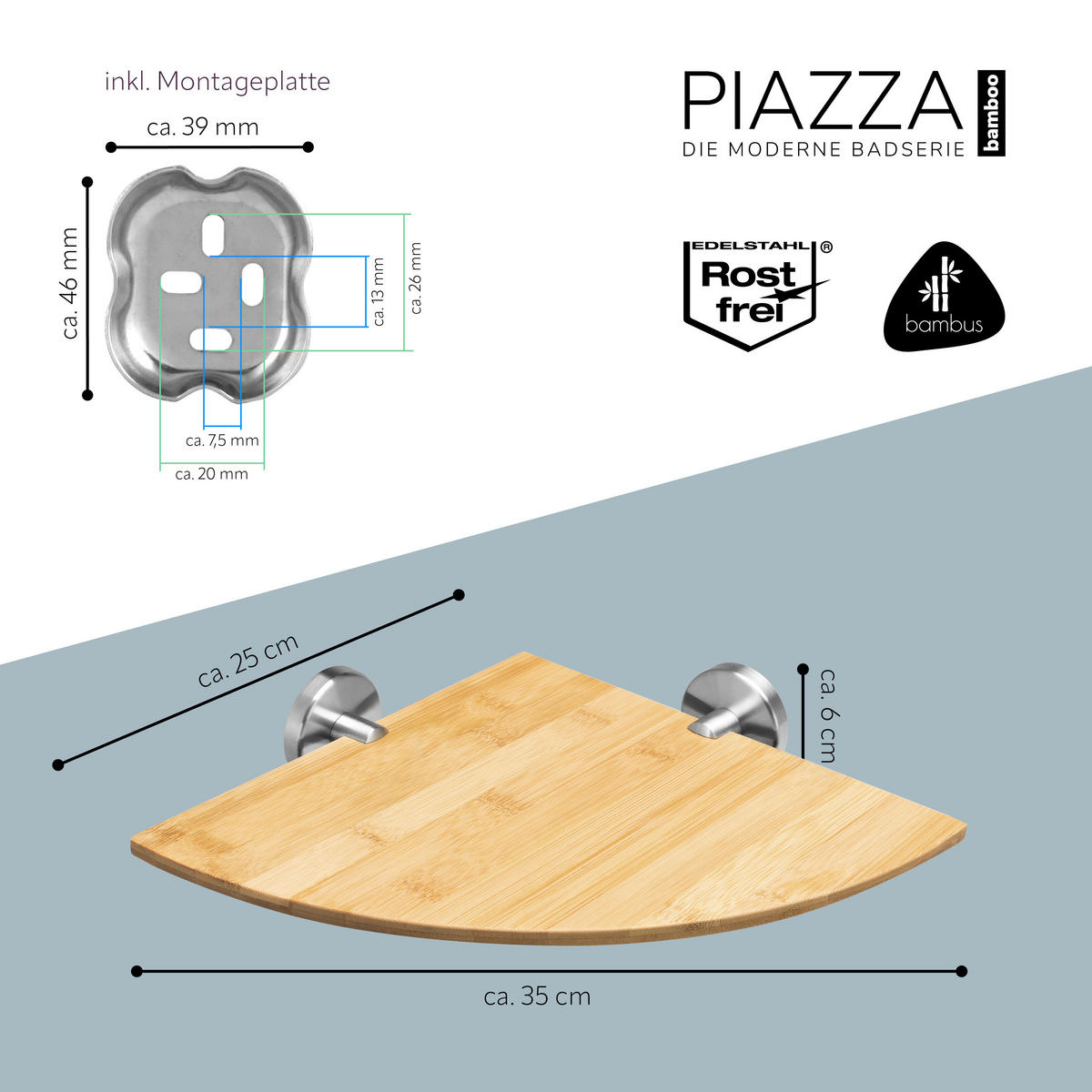 ECK-WANDABLAGE PIAZZA, Edelstahl Bambus - Braun, Holz (35/6/25cm) - bremermann