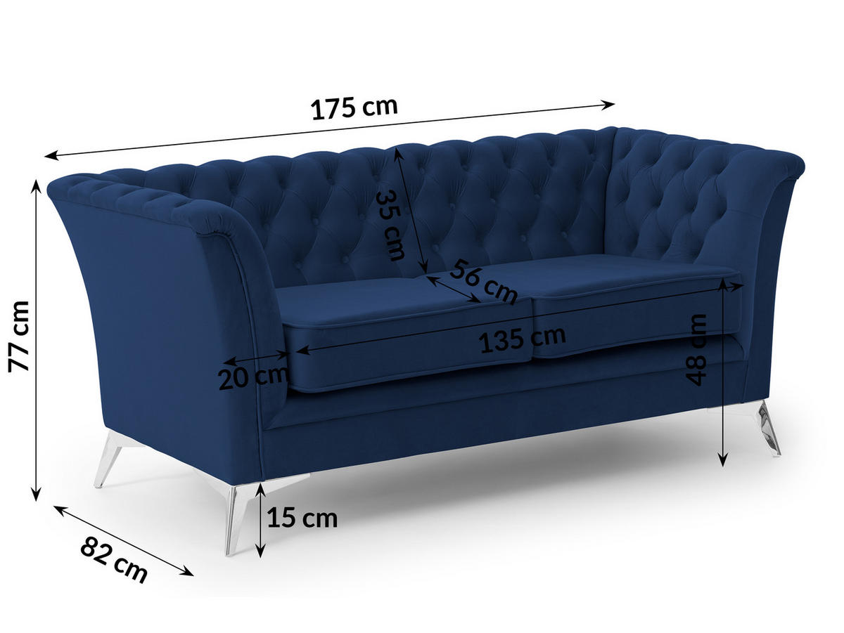 SITZGARNITUR 3+2 Chesterfield Whitby Marineblau Samt mit silbernen Füßen - Blau/Silberfarben, Holz/Textil (237/78/82cm) - S-Style Möbel
