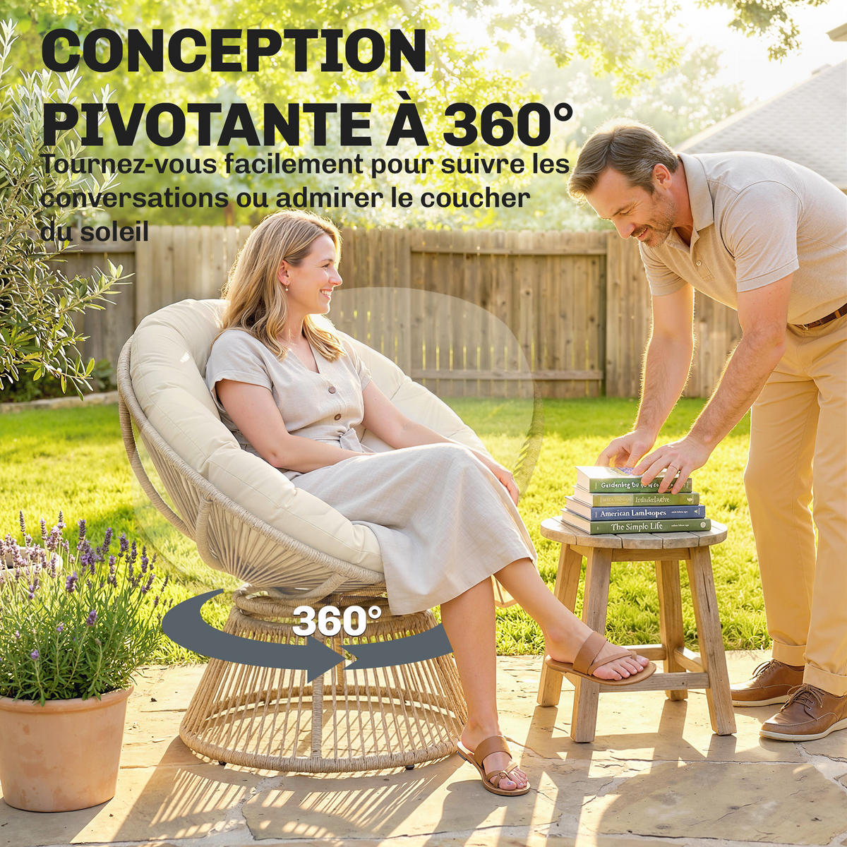 GARTEN-RELAXSESSEL DE-13693 360° drehbar mit 12 cm Polster Natur - Creme, Metall (81/87/93cm) - ComfortXL