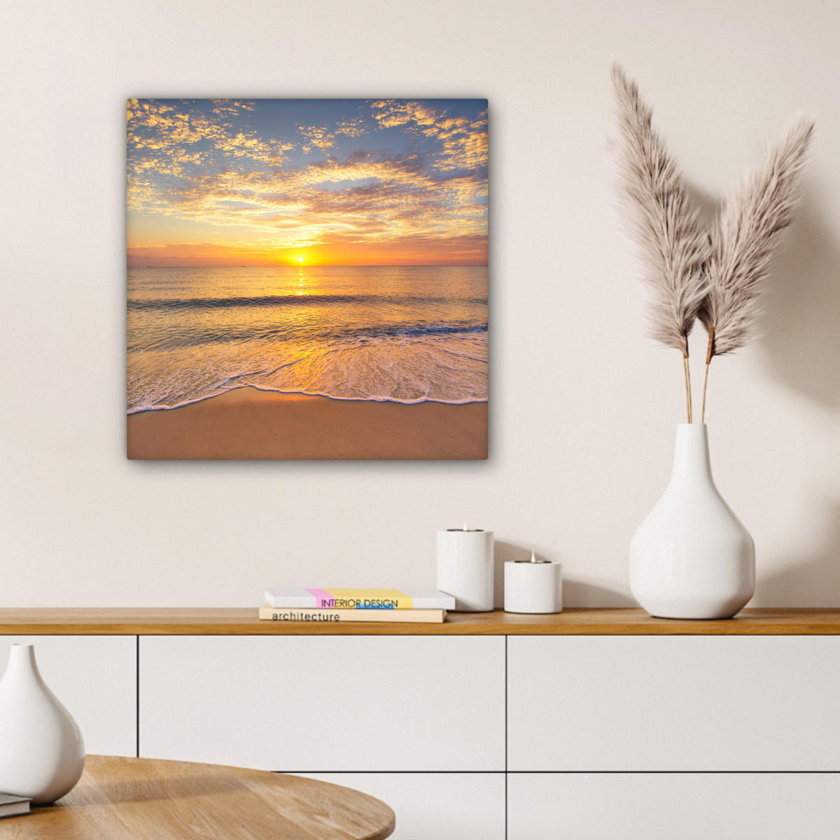 LEINWANDBILD Strand - Sonnenuntergang - Meer Wandbild Wohnzimmer 50x50 cm - Gelb, Textil (50/50cm) - MuchoWow