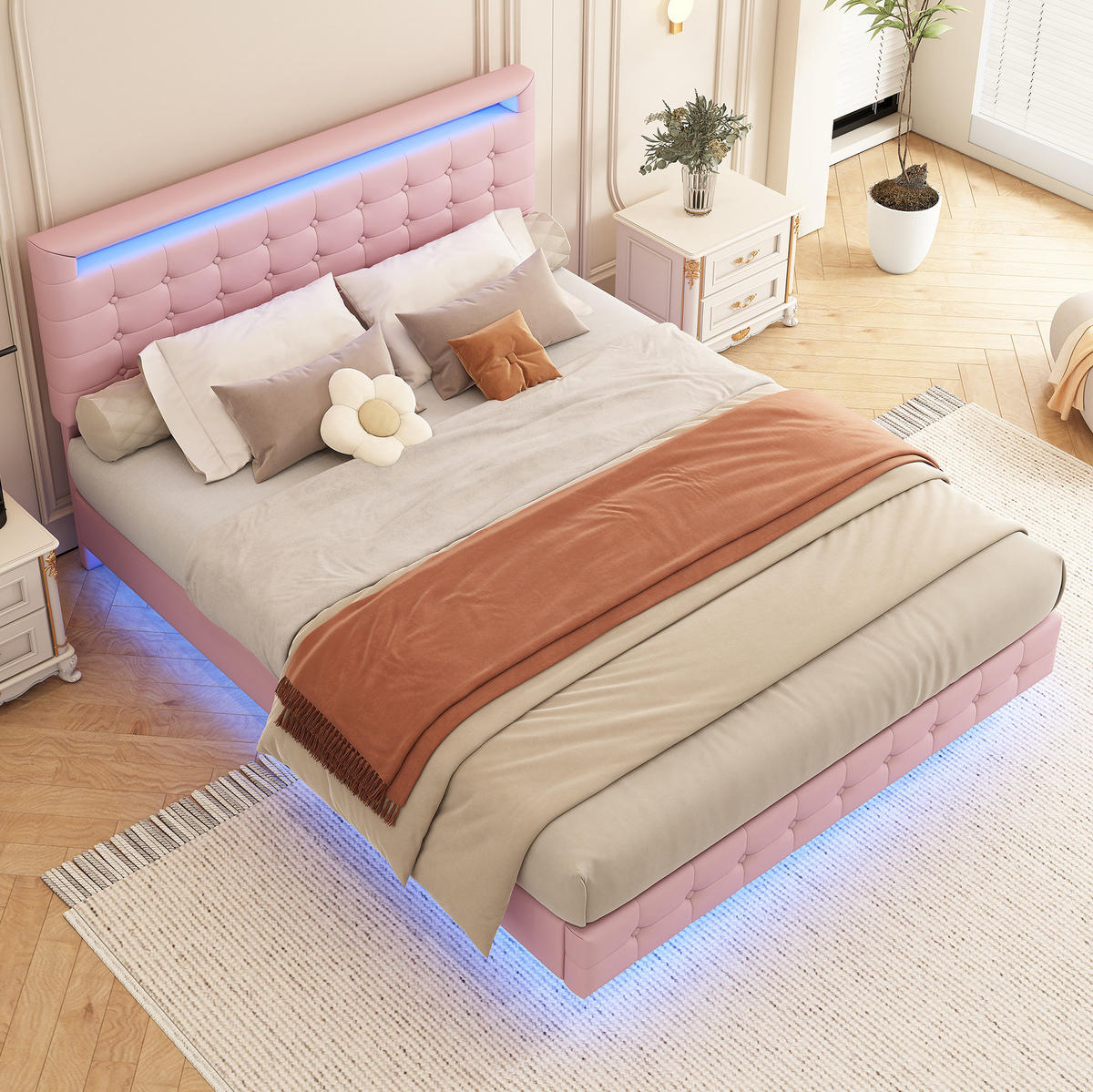 POLSTERBETT mit LED-Beleuchtung 140/200 cm in Rosa mit verstellbarem Kopfteil - Rosa, Leder (140/200cm) - BEAOK