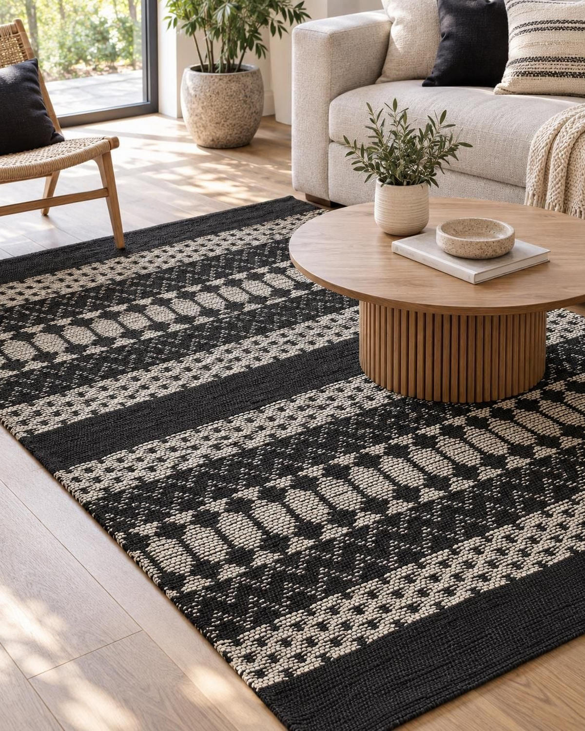 COVOR împletit Sokun 200/140 cm - negru, blană (140/200cm) - Beliani
