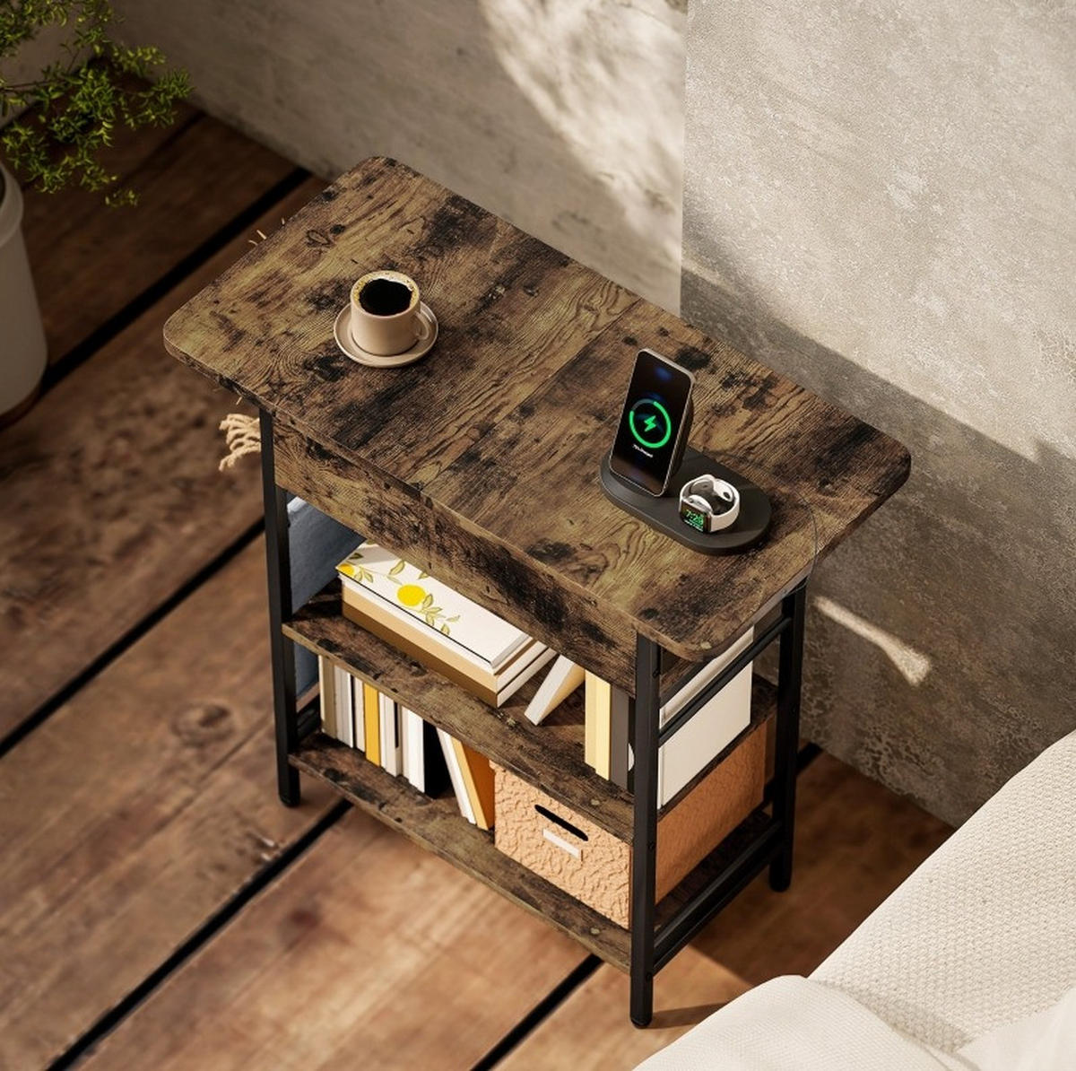BEISTELLTISCH 60/58,5/29,8 cm Rustikal Braun aus Holz mit Steckdosenleiste - Braun, Holzwerkstoff (60/29.8/58.5cm) - OKMYHOME