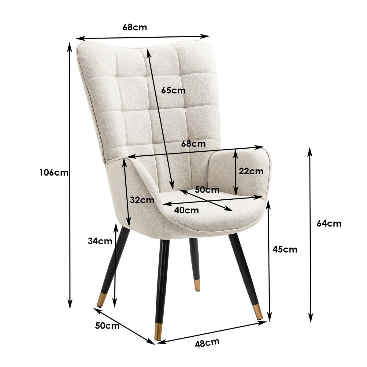 RELAXSESSEL aus Stoff im skandinavischen Stil, gepolsterte Sitzfläche mit Armlehnen, schwarze und goldene Metallbeine in Beige - Beige, Textil/Metall (50/106/68cm) - Meubles Cosy