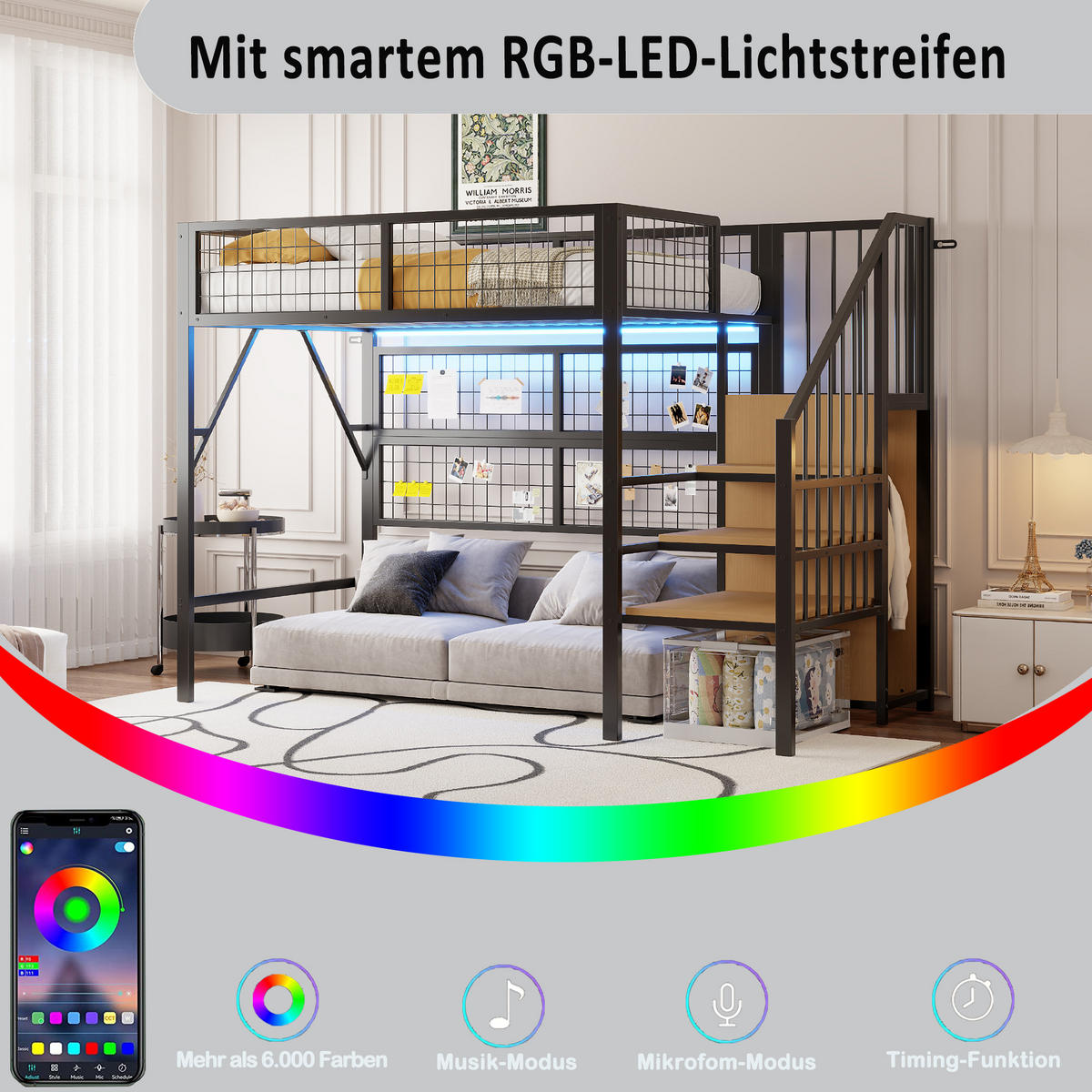 HOCHBETT 90/200 cm in Schwarz mit Treppe, Stauraum und LED - Schwarz, Holzwerkstoff/Metall (90/200cm) - STILVORA