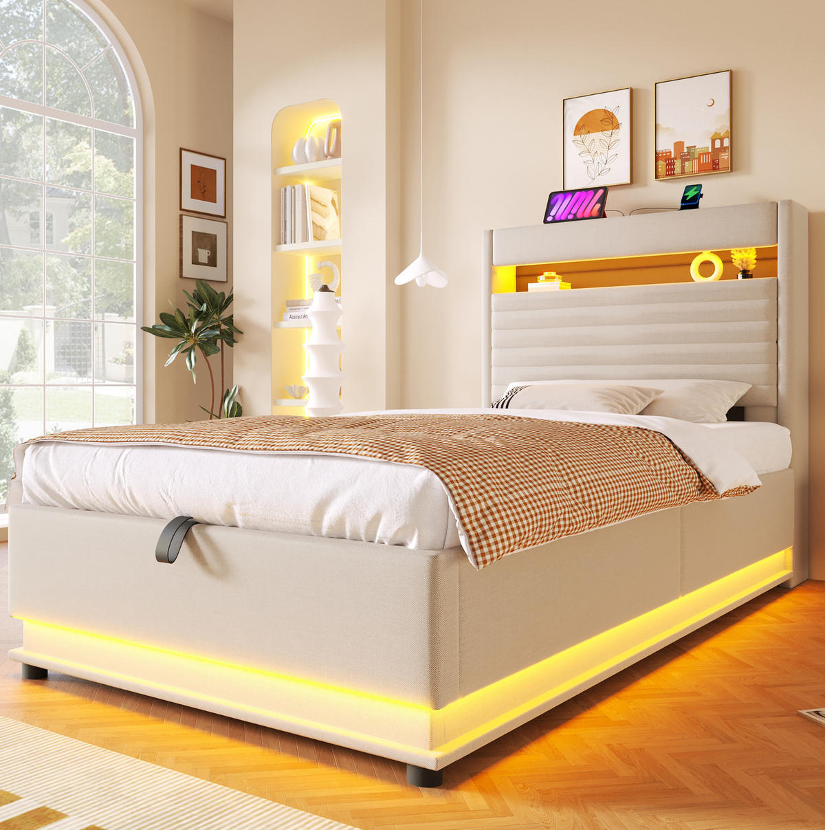 POLSTERBETT mit Stauraum 90x200 cm Leinen Beige - Beige, Metall (90/200cm) - Meubliv
