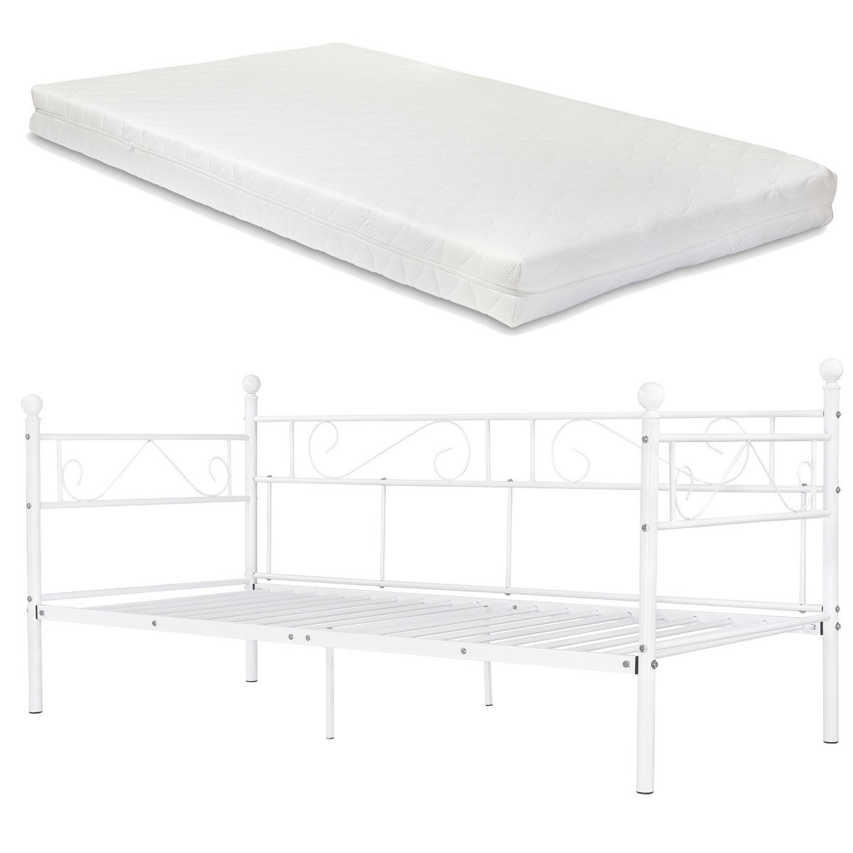 TAGESBETT Granada mit Matratze - Weiß, Textil/Metall (90/200cm) - [en.casa]
