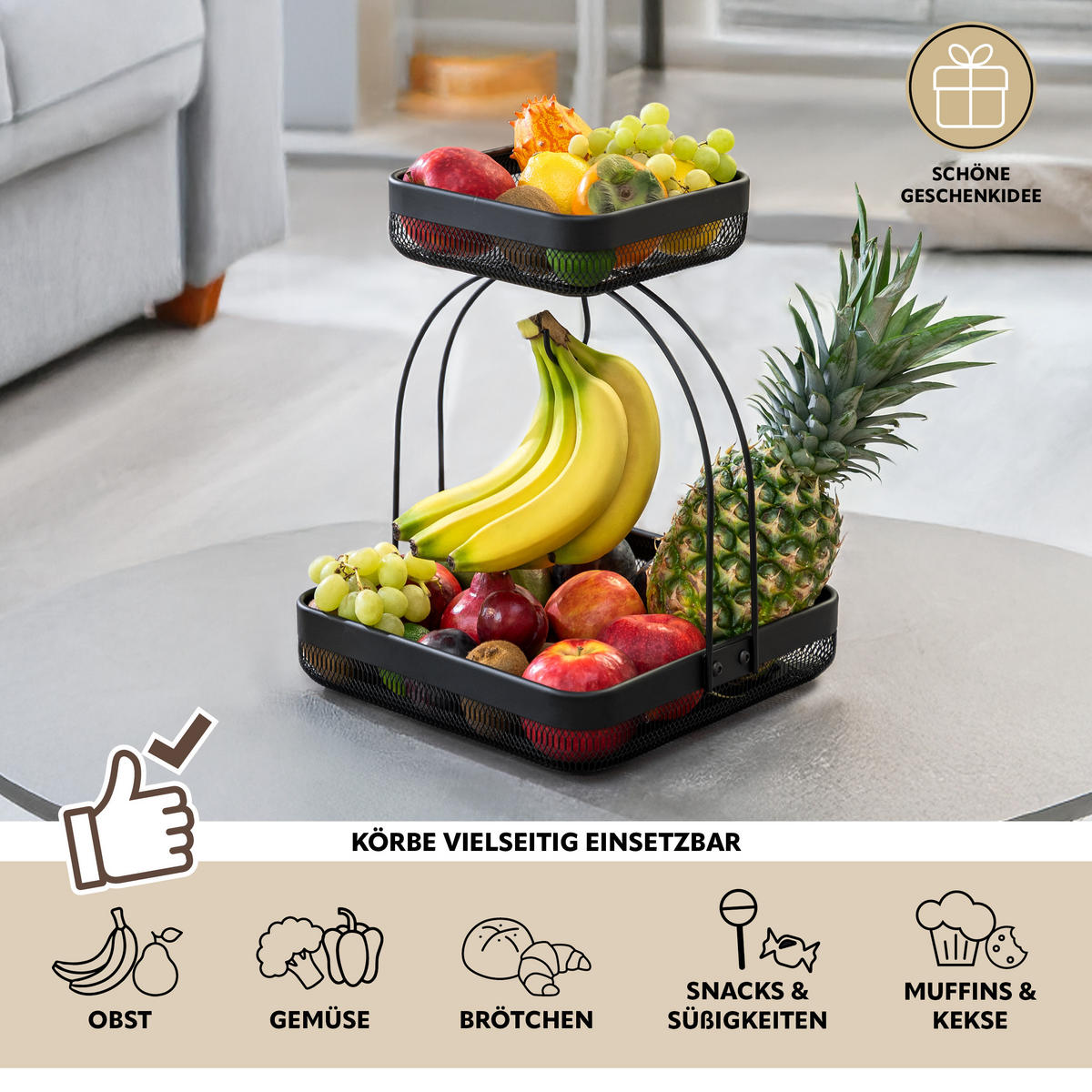 OBSTETAGERE mit Bananenhalter, schwarz, eckig - Schwarz, Metall (31/38.5cm) - eluno