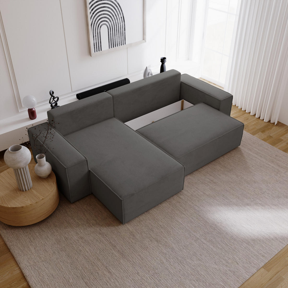 ECKSOFA mit Schlaffunktion Bergamo L 280 cm, Samt, Links - Dunkelgrau - Dunkelgrau, Holz (277/189cm) - Emporius