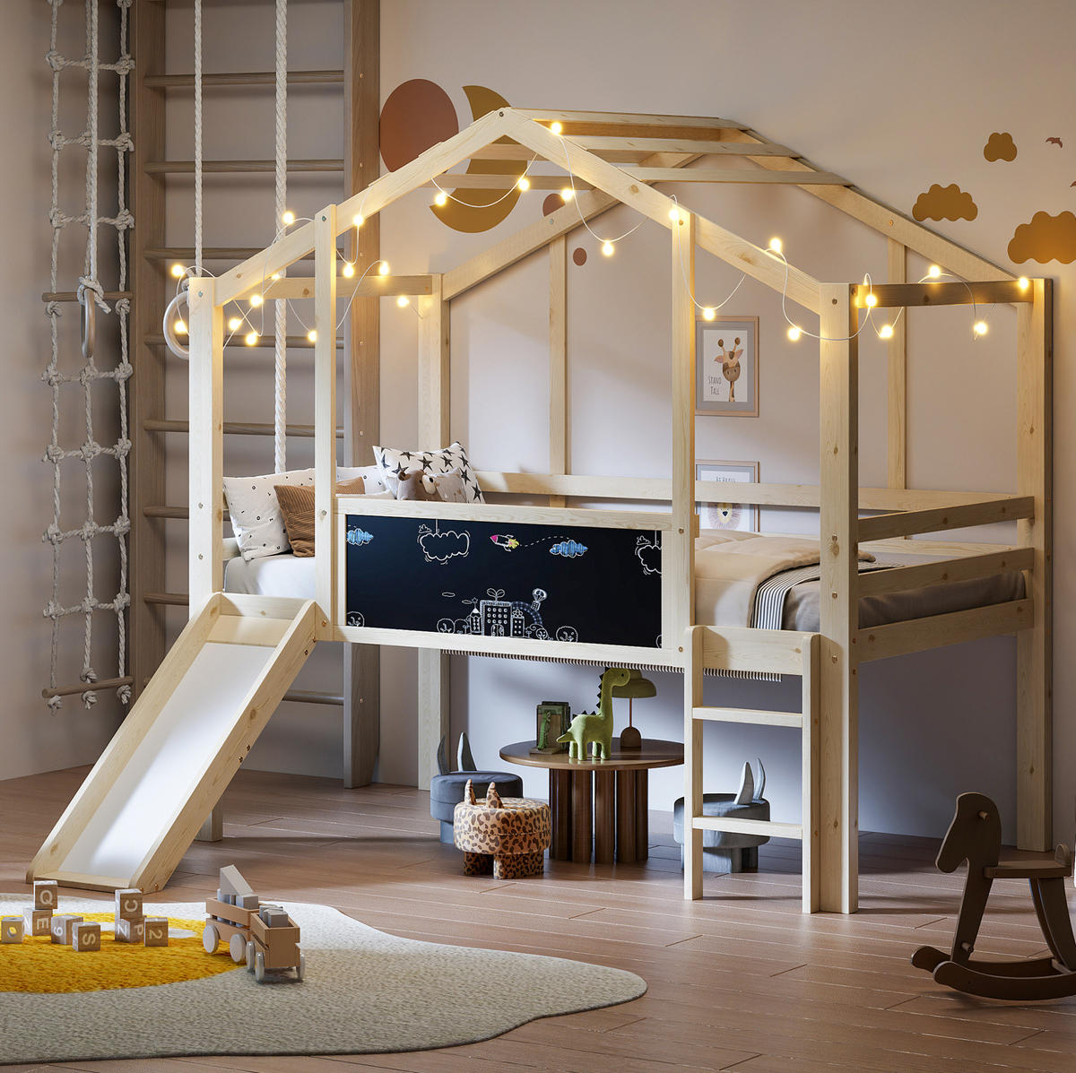 HAUSBETT 90/200 cm Natur aus Massivholz mit Rutsche und Tafel - Naturfarben, Holz (90/200cm) - OKMYHOME