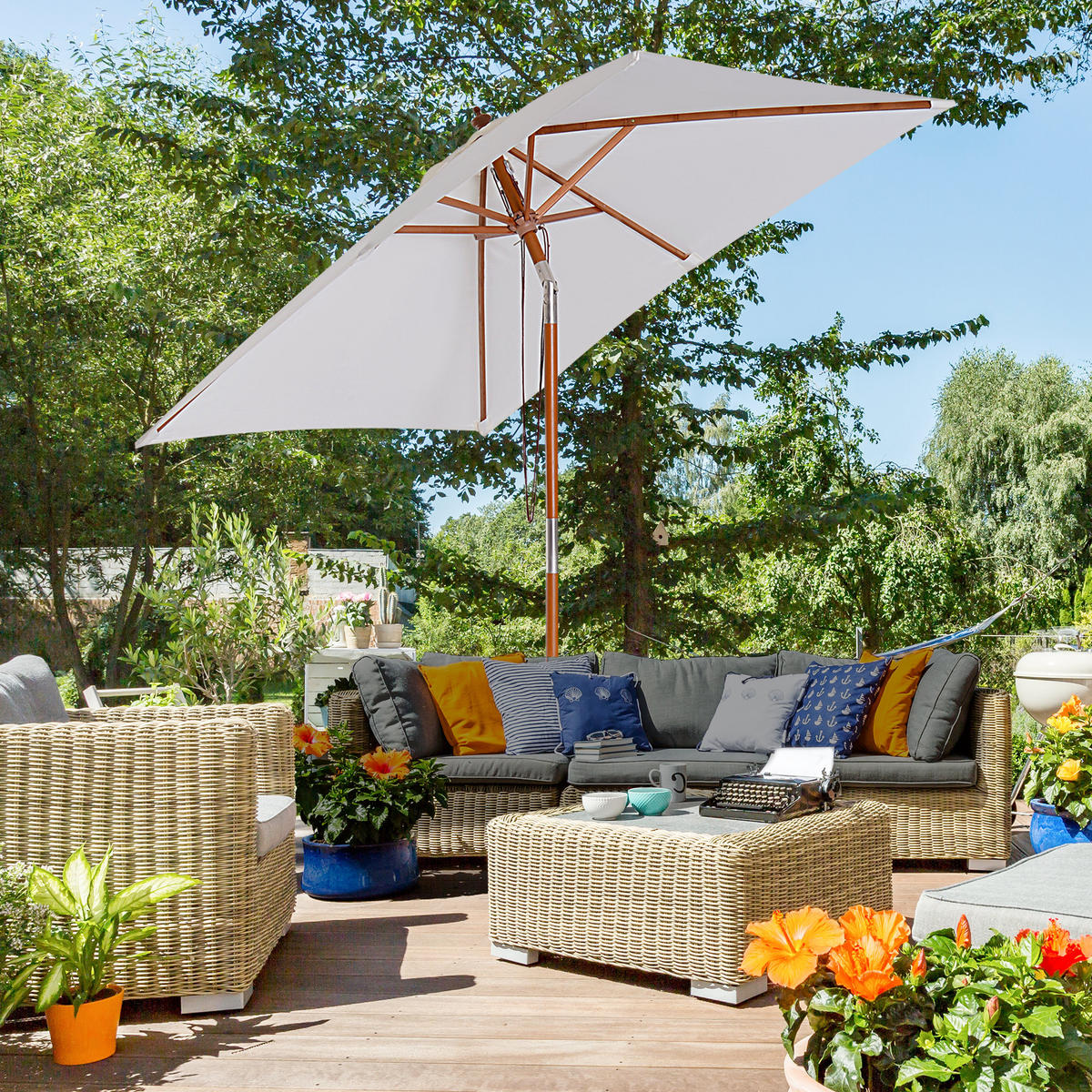 SONNENSCHIRM, Tannenholz, Bambus, Creme - Creme, Naturmaterialien/Holz (150/200cm) - Outsunny