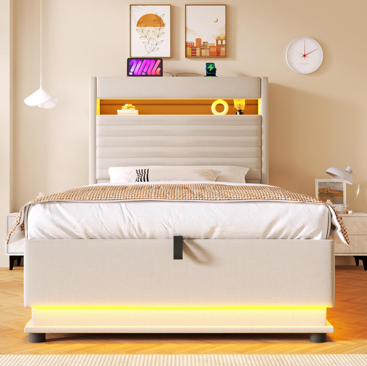 POLSTERBETT 90/200 cm aus Leinen mit LED und USB Typ-C-Ladefunktion Beige - Beige, Textil (90/200cm) - Modenvie