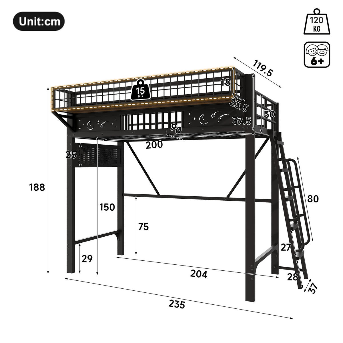 HOCHBETT 90/200 cm mit Metallgestell Schwarz, Staufächern und offener Unterseite - Schwarz, Metall
