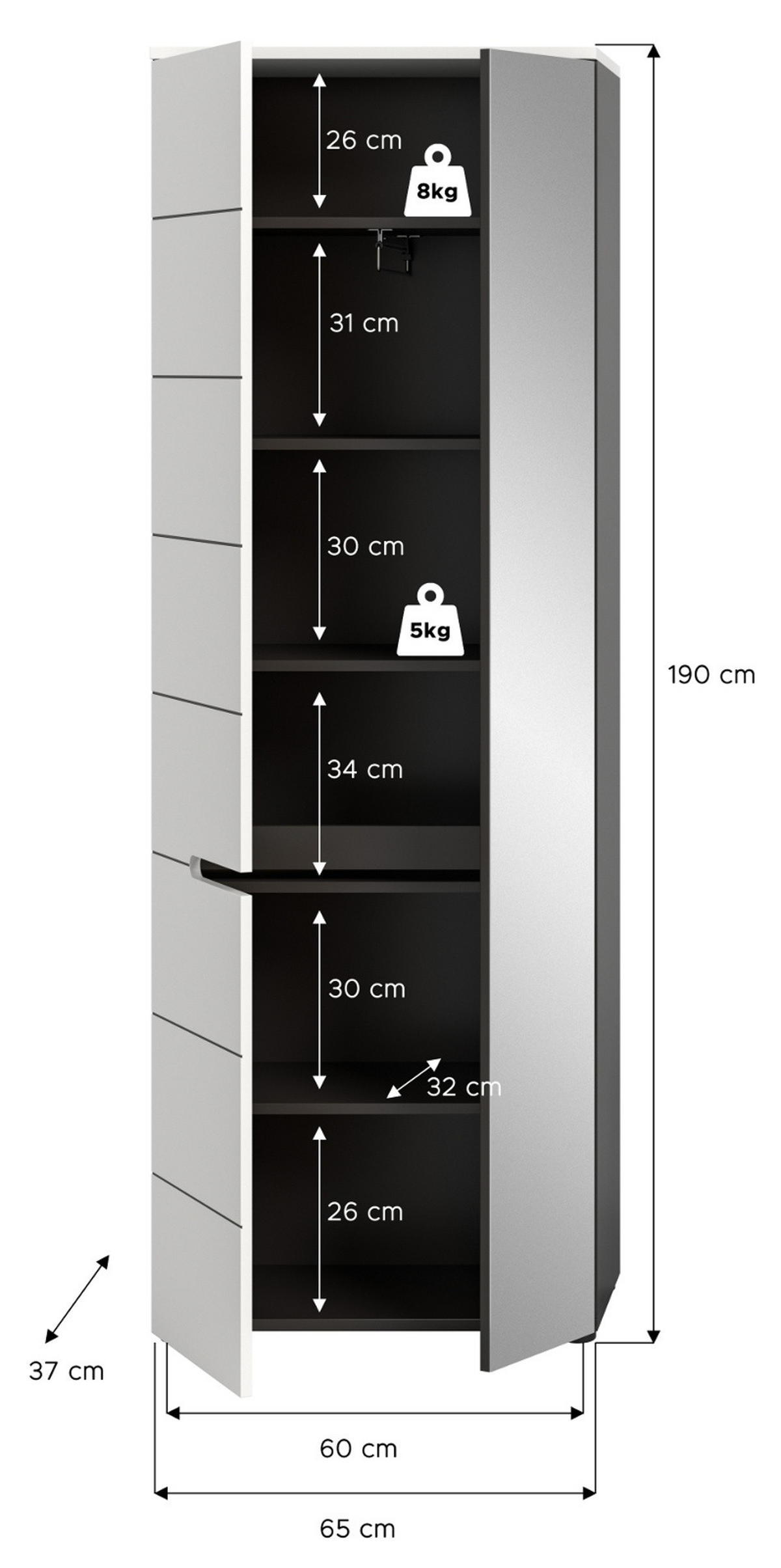 GARDEROBENSCHRANK weiß, grau 65 x 190 cm, Schuhschrank mit variabler Inneneinteilung, Soft-Close, Cooper - Schwarz/Weiß, Glas/Holzwerkstoff (65/190/37cm) - Inn.Furn
