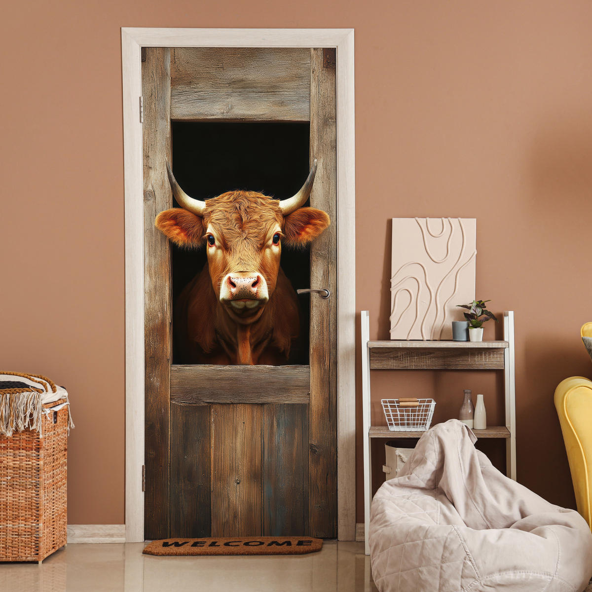 TÜRAUFKLEBER Kuh - Fenster - Holz - Tiere 85x215 cm - Türtapete - Wengefarben, Kunststoff (85/0.1cm) - MuchoWow