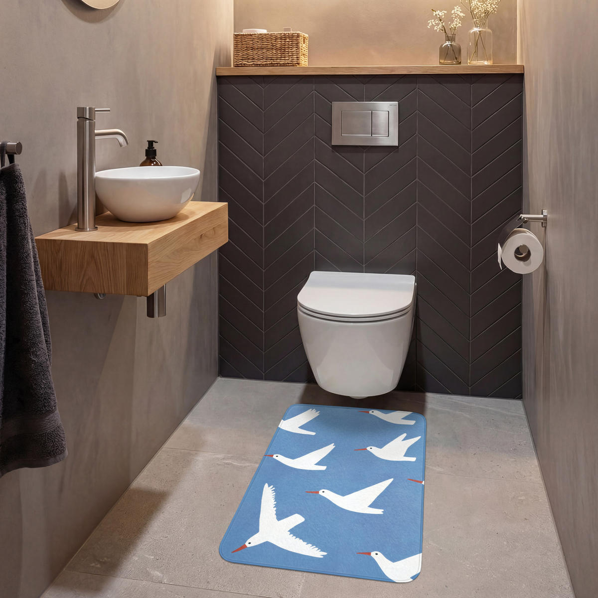 WC PŘEDLOŽKA Ptáci - bílá - vzor 50x80 cm - modrá, textil/plast (50/1cm) - OnlyWow