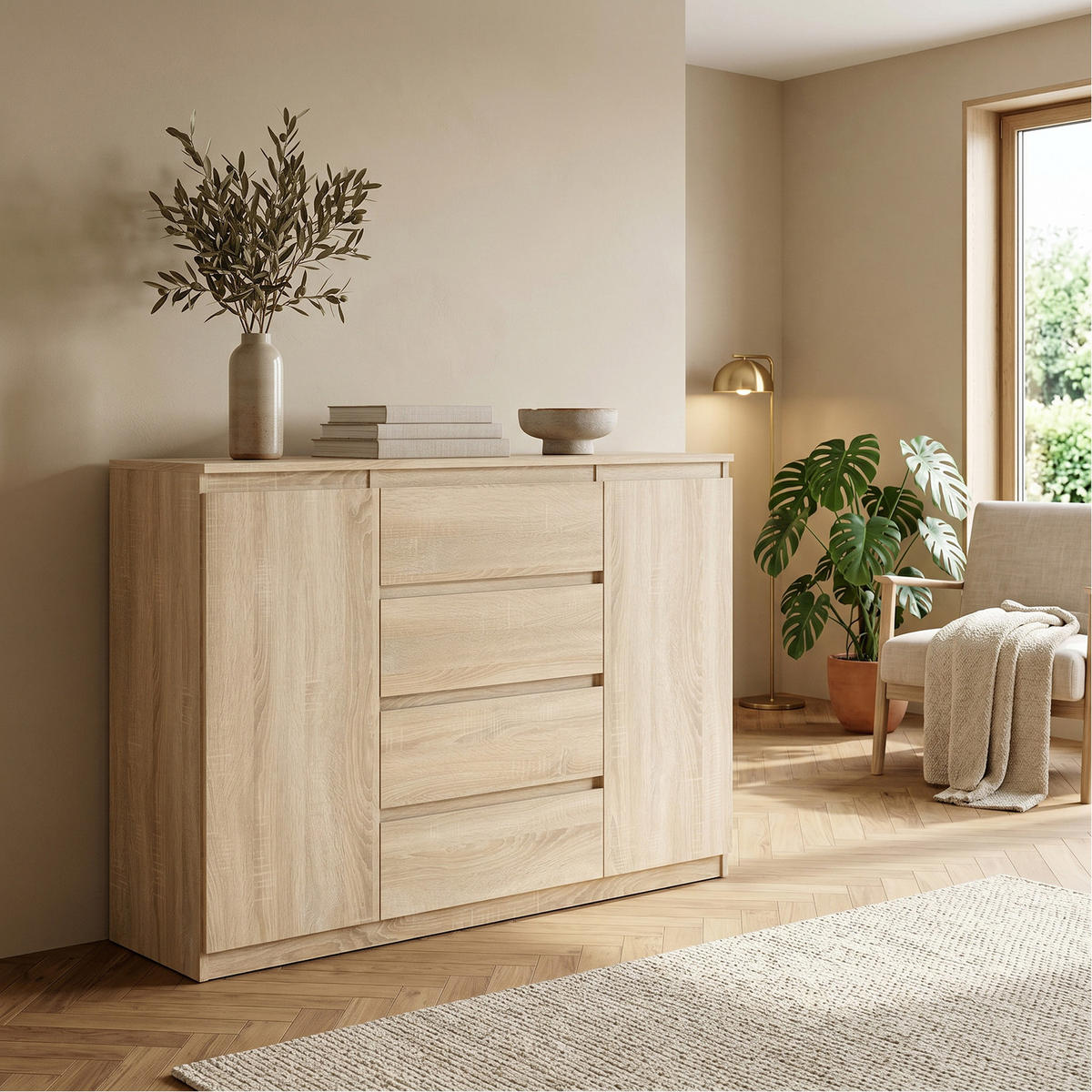 KOMMODE NUDO 120/101,5/39cm mit 4 Schubladen 2 Türen Sonoma Eiche - Sonoma Eiche, Holzwerkstoff (120/101.5/39cm) - MASSENO