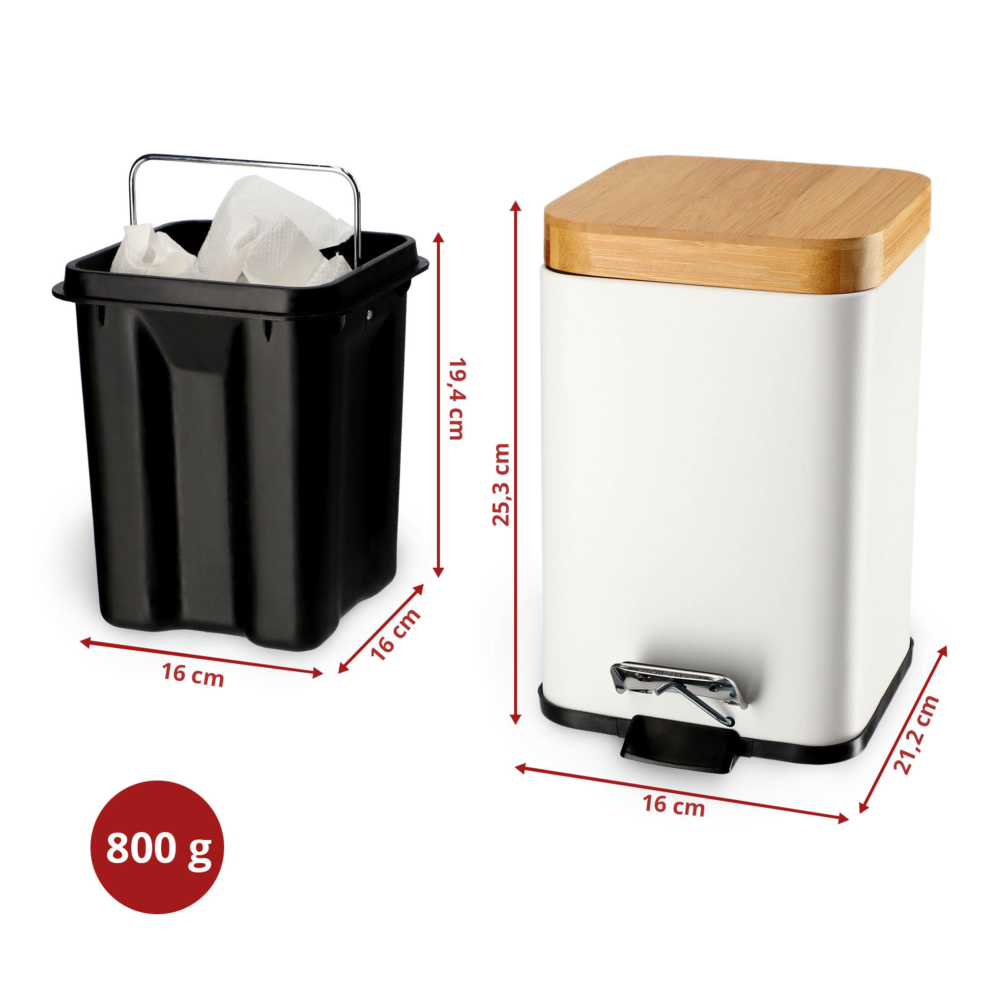 PAPIERKORB mit Bambusdeckel 3L, weiß - Weiß, Metall (16/21cm) - KADAX