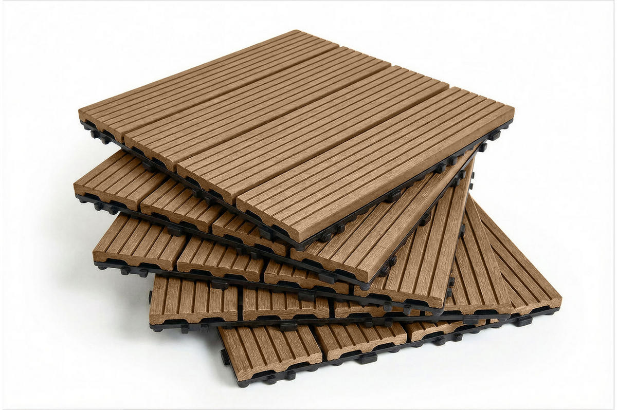 30ER-SET Terrassenplatten aus SERRA-Verbundwerkstoff in Teakoptik mit Rillen, 30 x 30 cm - Teakfarben, Holzwerkstoff (30/30/2cm) - Casanoov