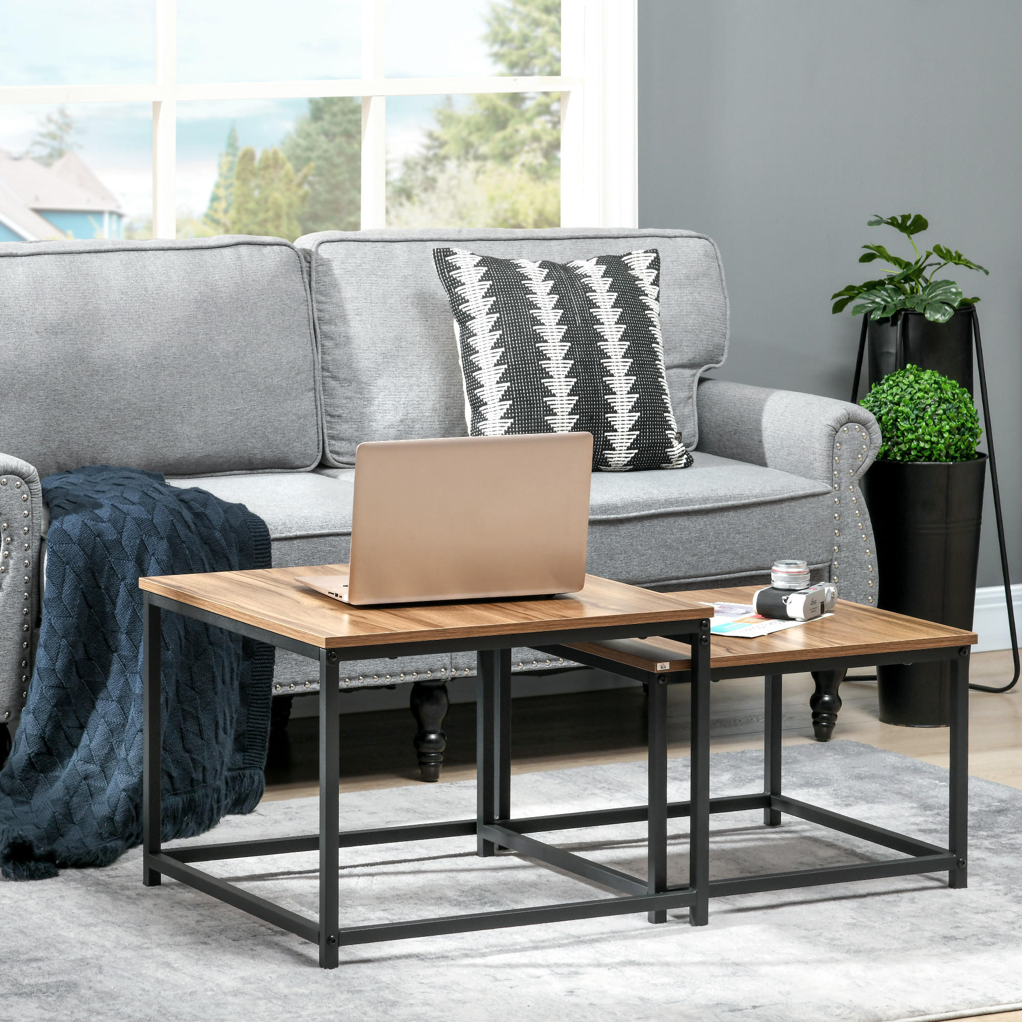 COUCHTISCH-SET eckig, Spanplatte, Naturholz - Naturfarben, Kunststoff (60/60/45cm) - HOMCOM
