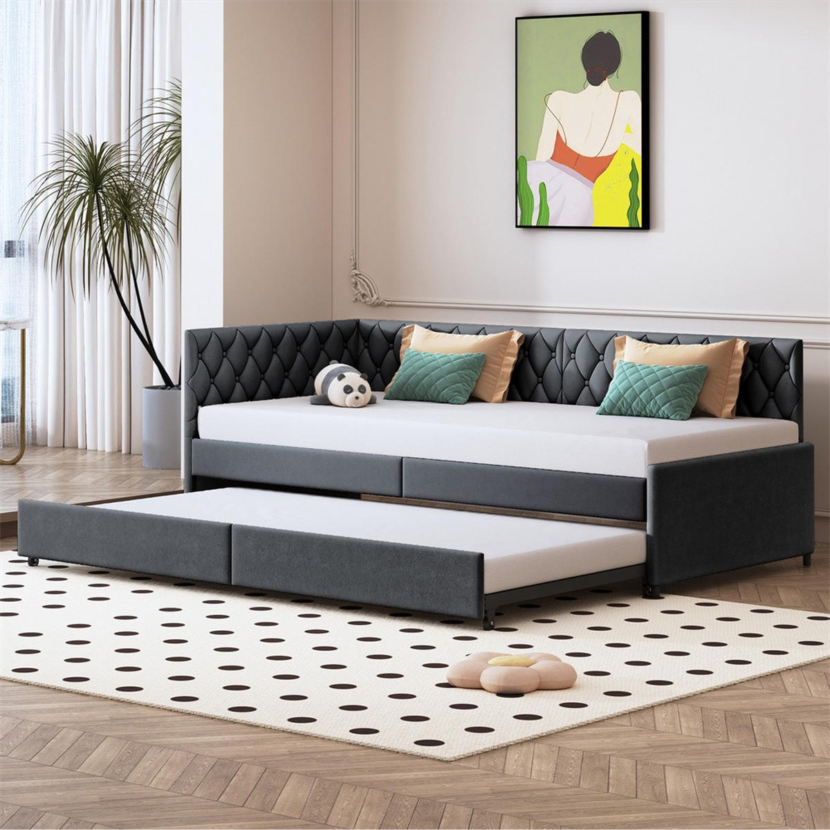 POLSTERBETT 90x200 cm mit Ausziehbares Bettgestell - Kopfteil im Nieten-Design - ohne Matratze - Samtstoff - Grau - Grau, Textil (90/200cm) - DELFA