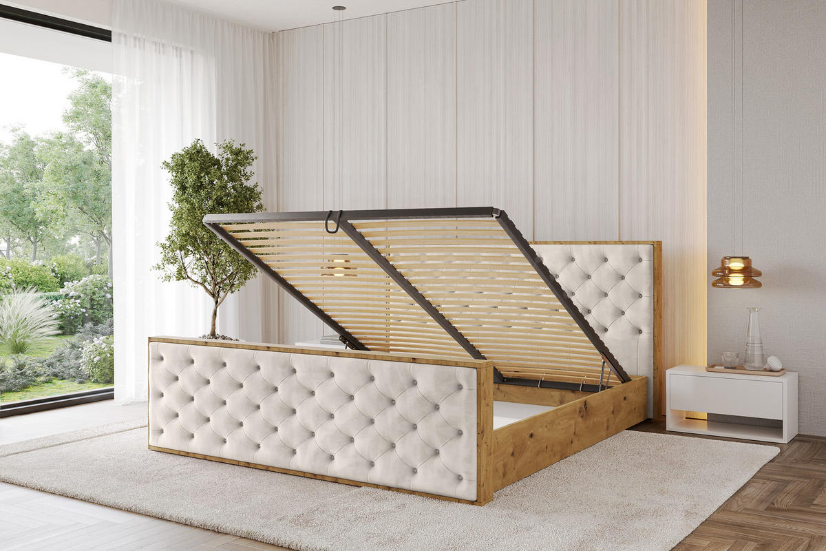 POLSTERBETT mit Bettkasten, Fußteil und Lattenrost, Boxbett ohne Matratze - ENZO3-Z 180x200 Beige - Beige, Holzwerkstoff/Textil (180/200cm) - ALTDECOR