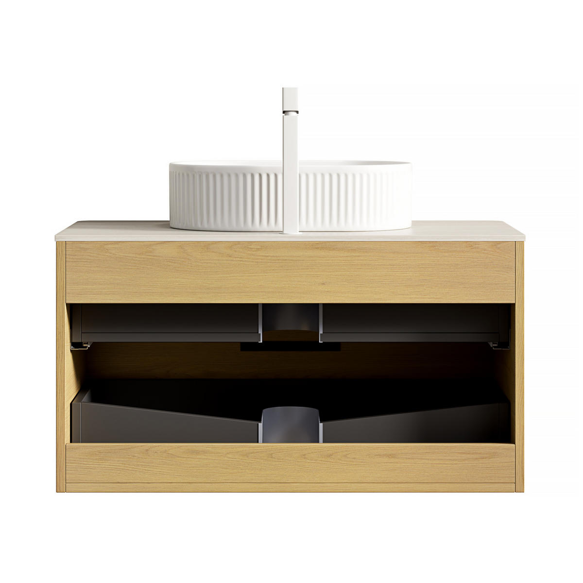 WASCHTISCHKOMBI 90x46x62.2cm Beige/Eiche/Weiß mit ovalem Keramikbecken & Travertin-Arbeitsplatte - Eichefarben, Keramik (90/62.2/46cm) - Modfu