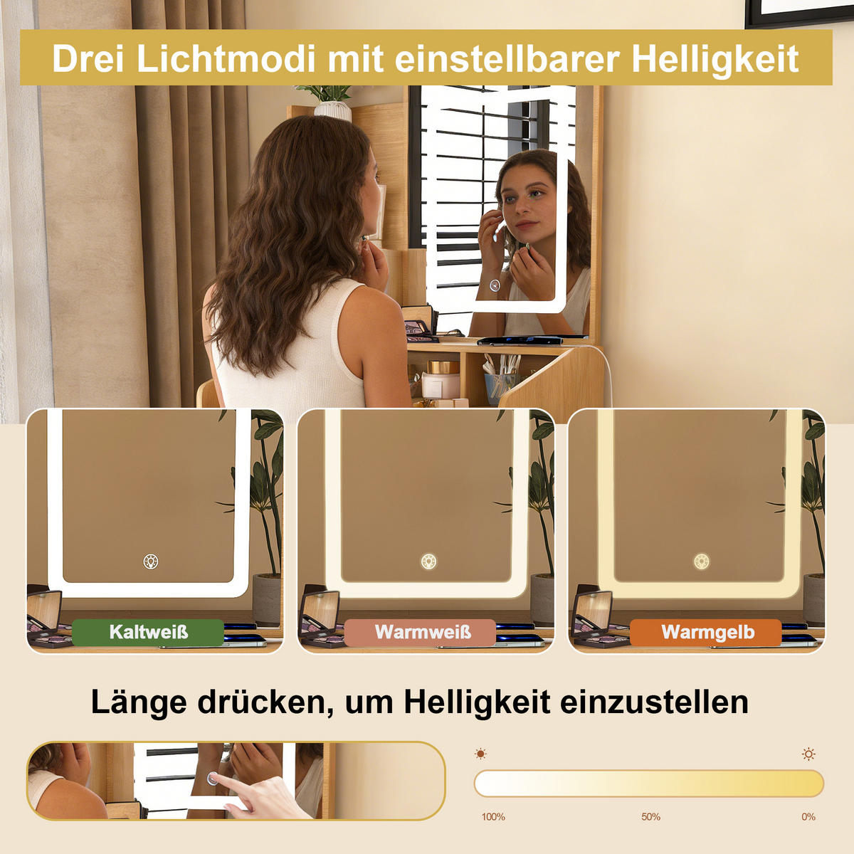 SCHMINKTISCH in Holzoptik 60 cm mit LED-Spiegel, Steckdose und Hocker - Naturfarben, Holzwerkstoff (60/130/36cm) - Urban Meuble