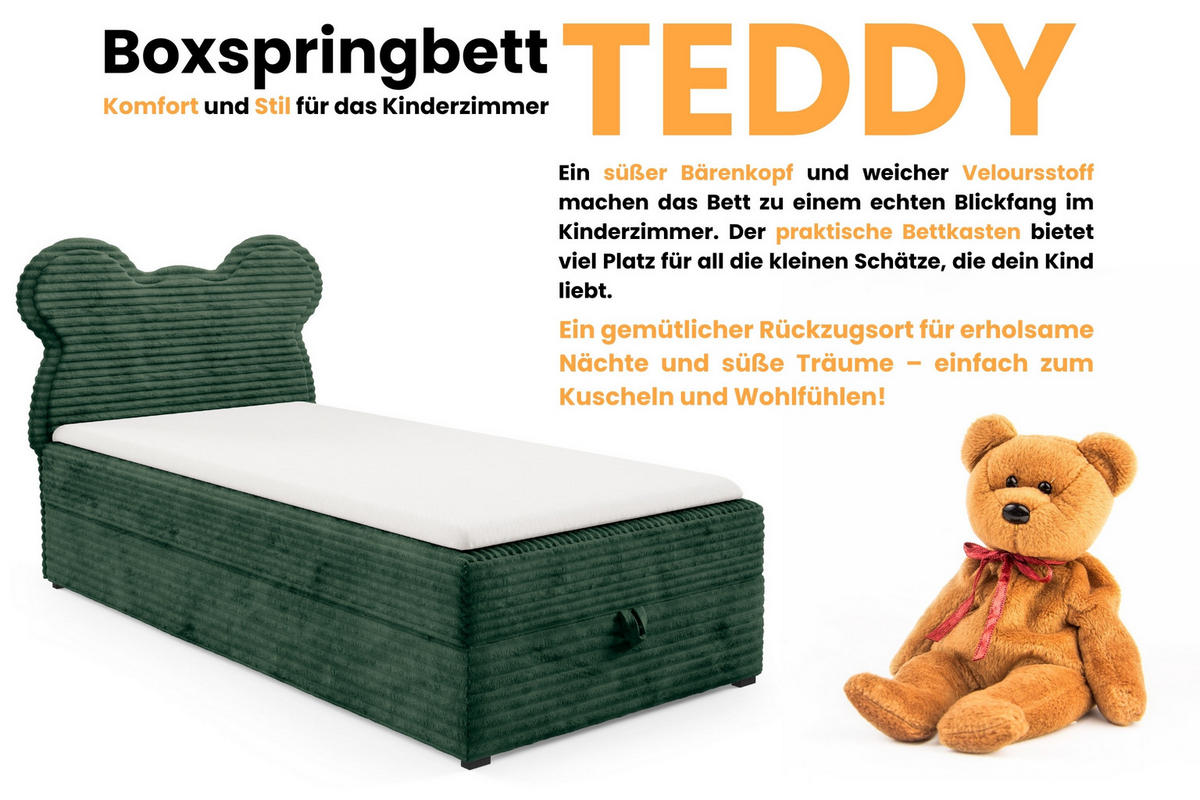 BOXBETT TEDDY 90/200 Cord-Samt Dunkelgrün H4 - Dunkelgrün, Holz/Holzwerkstoff (90/200cm) - Deine Möbel 24